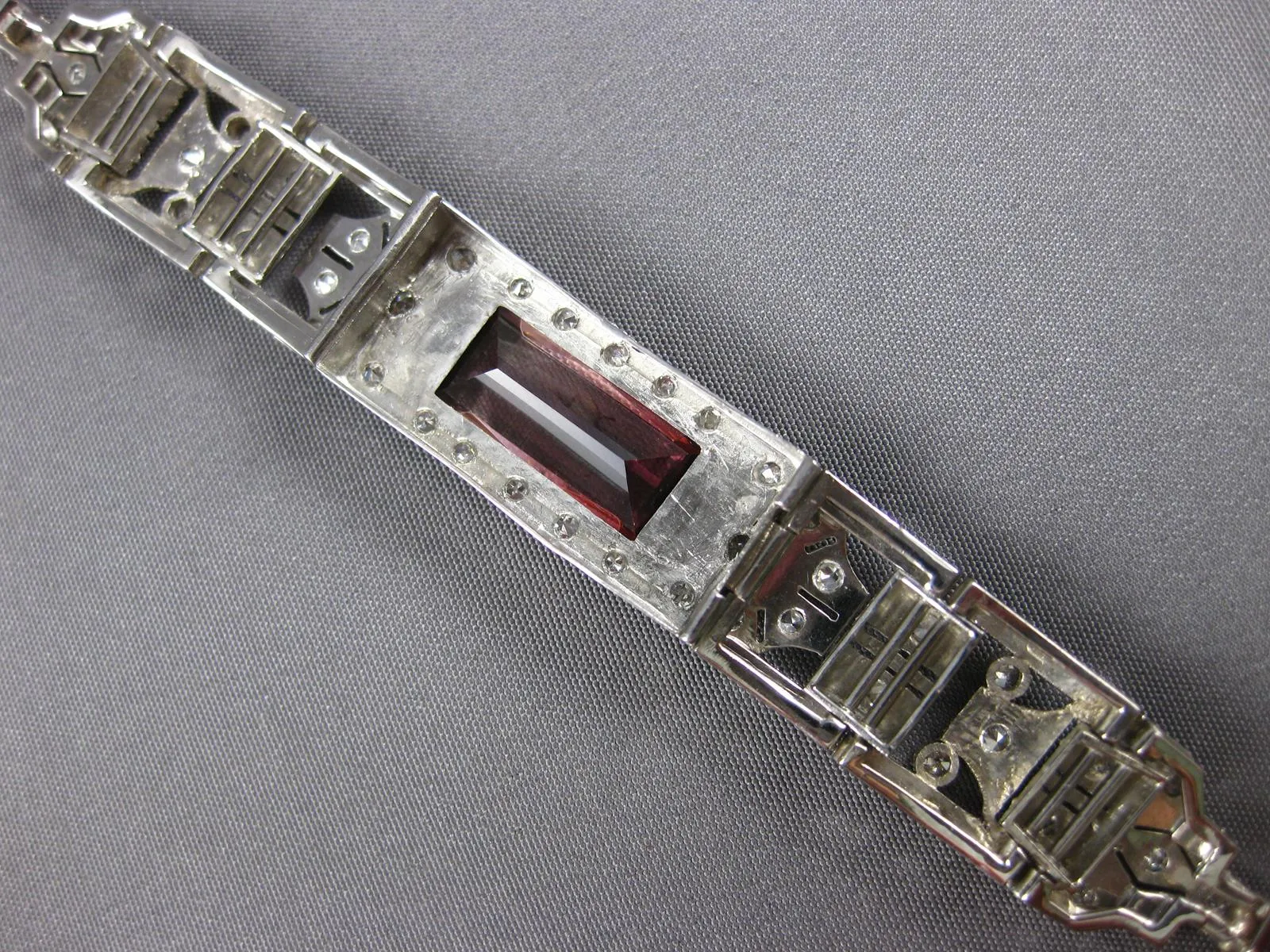 ANTIQUE LONG ART DECO OLD MINE DIAMOND & PINK TORMALINE 14KT WHITE GOLD BRACELET