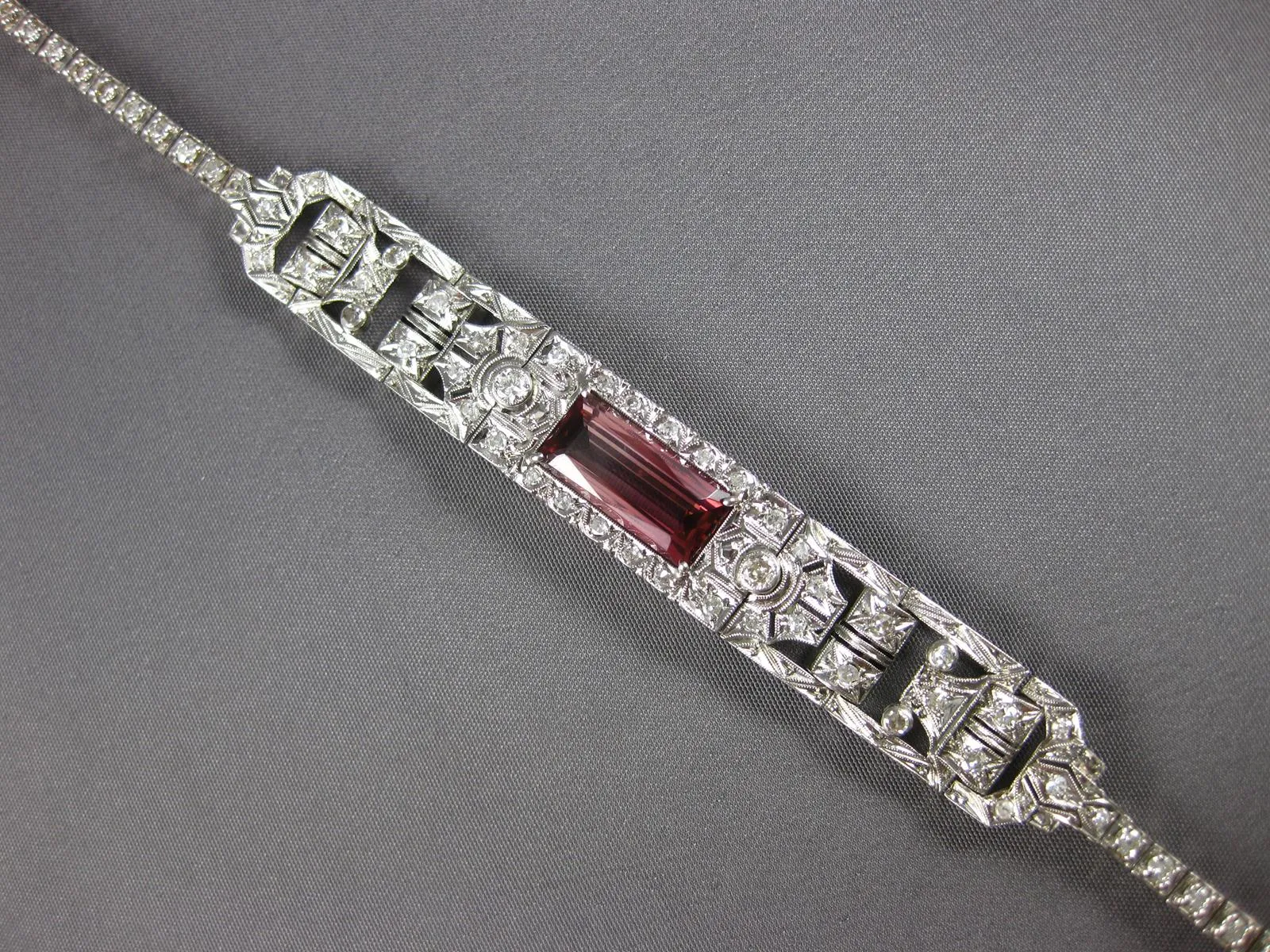 ANTIQUE LONG ART DECO OLD MINE DIAMOND & PINK TORMALINE 14KT WHITE GOLD BRACELET