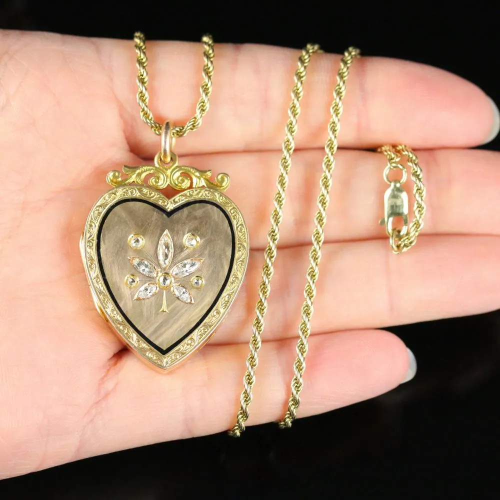 Antique Victorian Diamond Locket Heart Locket And Chain 15Ct Gold