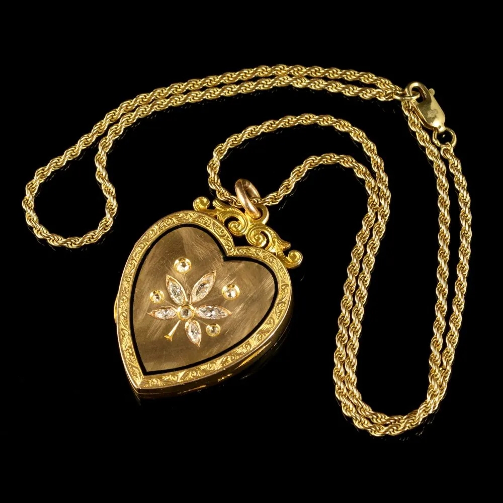 Antique Victorian Diamond Locket Heart Locket And Chain 15Ct Gold