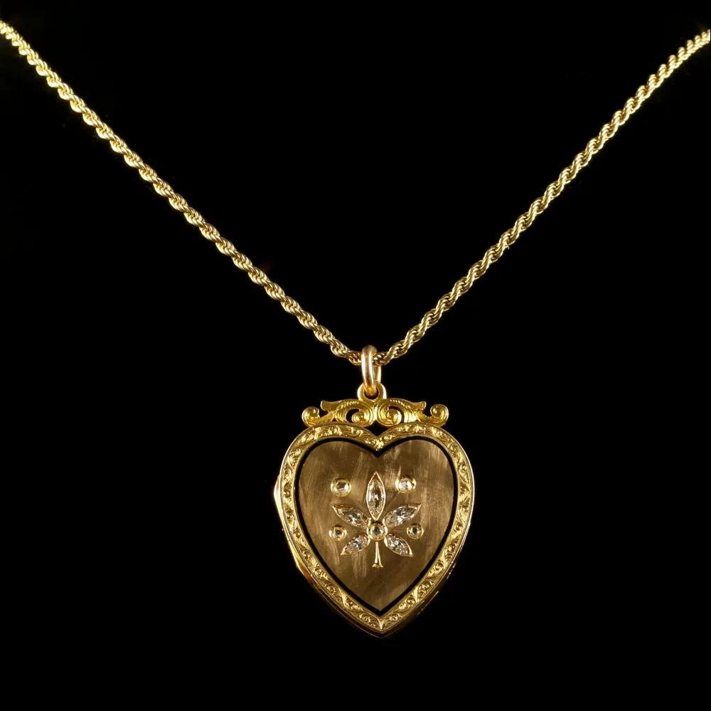 Antique Victorian Diamond Locket Heart Locket And Chain 15Ct Gold