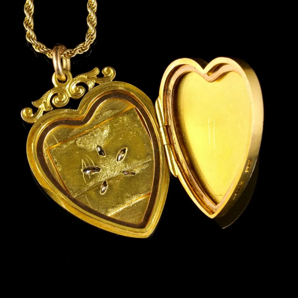 Antique Victorian Diamond Locket Heart Locket And Chain 15Ct Gold