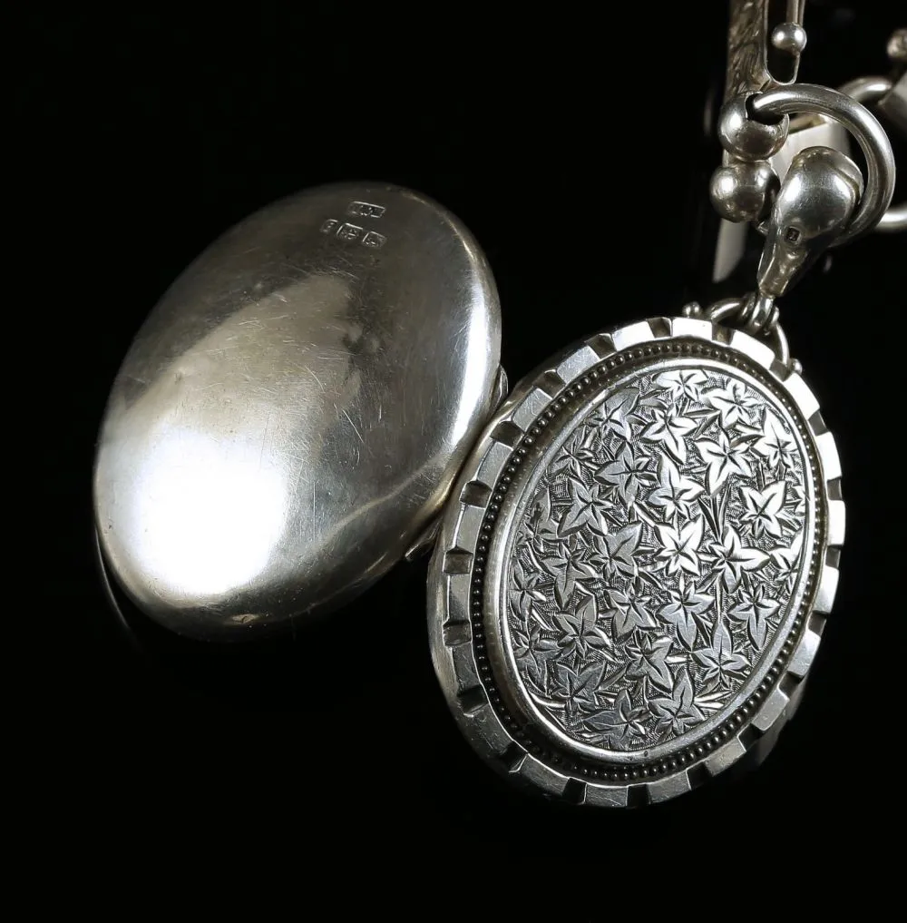 Antique Victorian Locket Necklace Sterling Silver Dated 1880