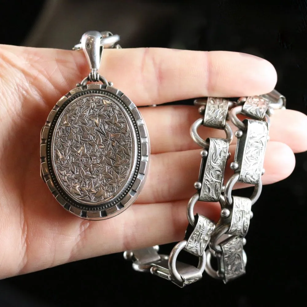 Antique Victorian Locket Necklace Sterling Silver Dated 1880