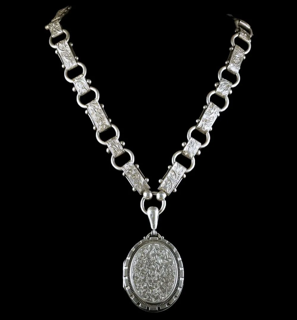 Antique Victorian Locket Necklace Sterling Silver Dated 1880