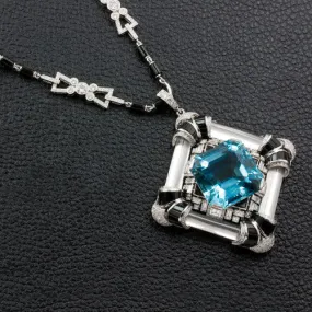 Aquamarine Necklace with Diamonds, Onyx & Rock Crystal