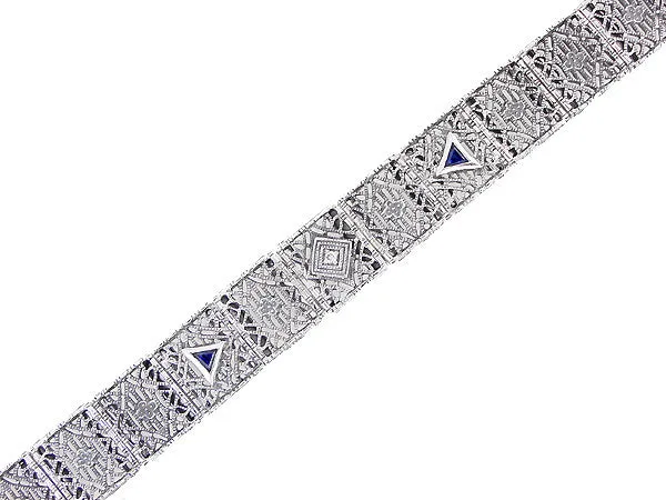 Art Deco Filigree Diamond and Sapphire Bracelet in Sterling Silver