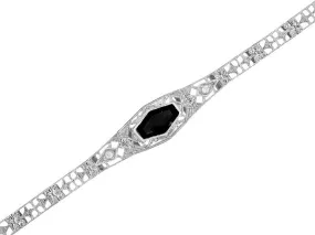 Art Deco Filigree Hexagonal Onyx and Diamond Set Bracelet in 14 Karat White Gold