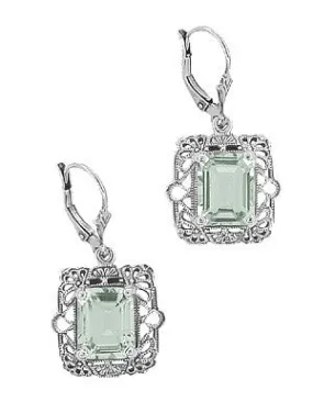 Art Deco Filigree Prasiolite Green Amethyst Drop Earrings in Sterling Silver