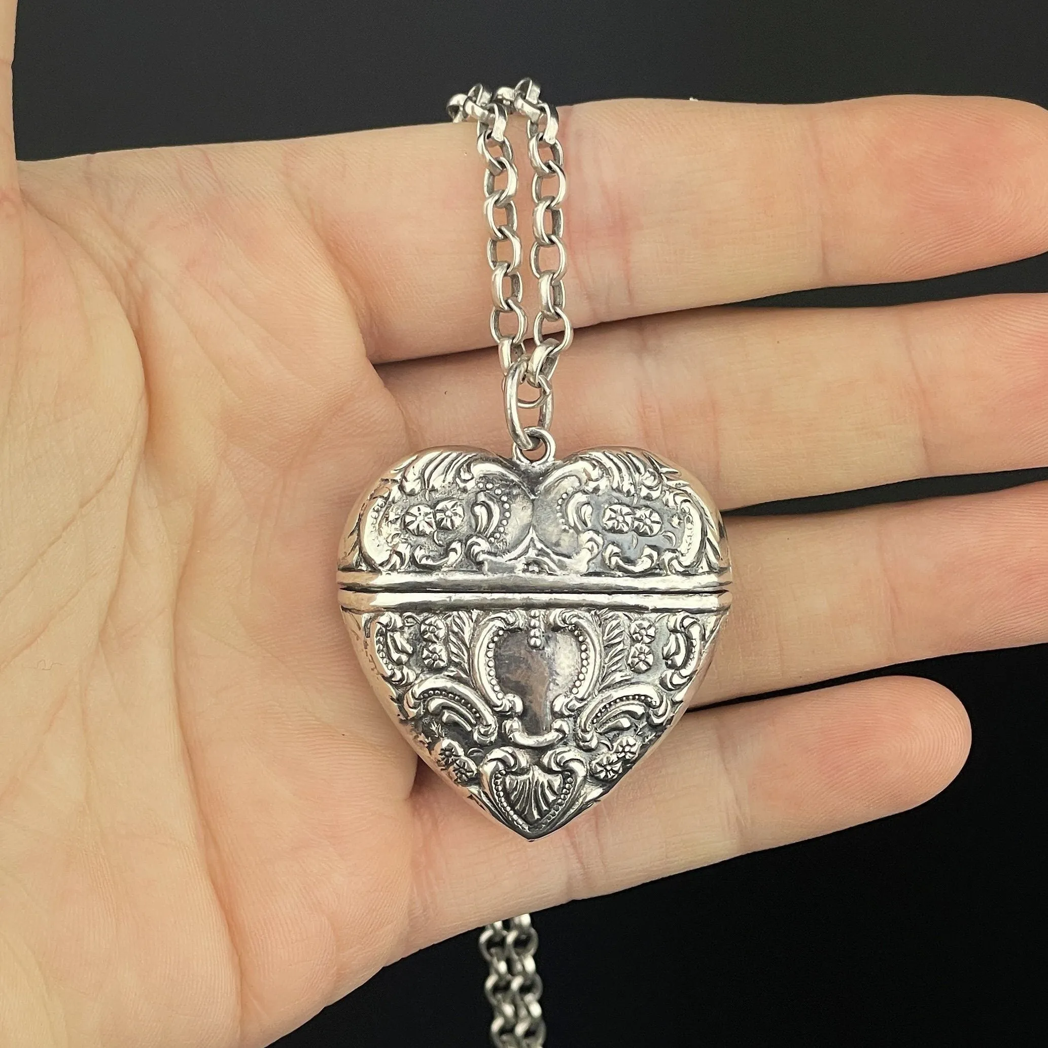 Art Nouveau Silver Repousse Sweetheart Large Keepsake Heart Locket