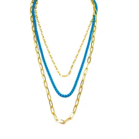 Ashley Gold Stainless Steel Gold Plated Blue Enamel Triple Chain Necklace