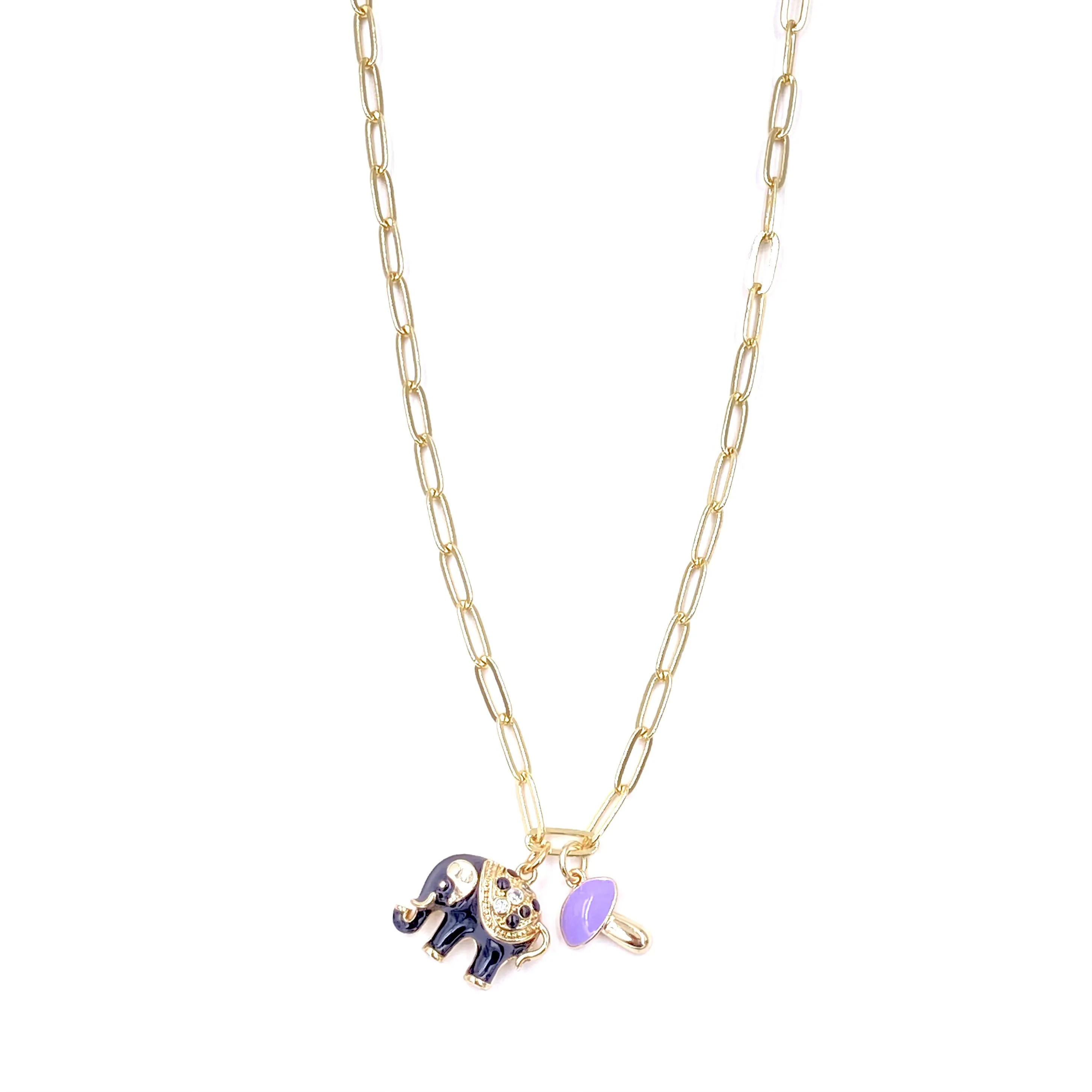 Ashley Gold Stainless Steel Gold Plated Enamel Elephant Double Charm Link Necklace