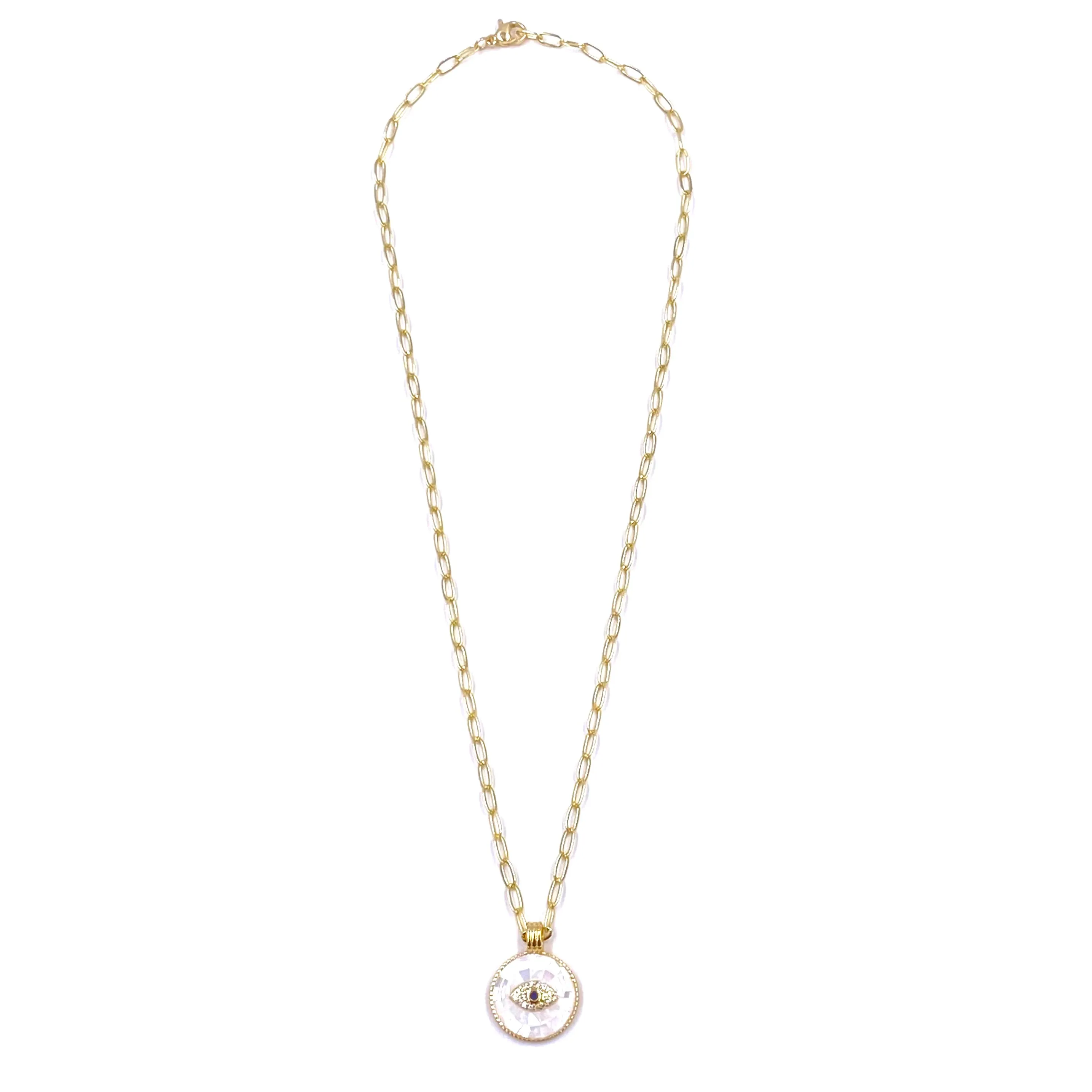 Ashley Gold Stainless Steel Gold Plated White Opal Disc Evil Eye Necklace