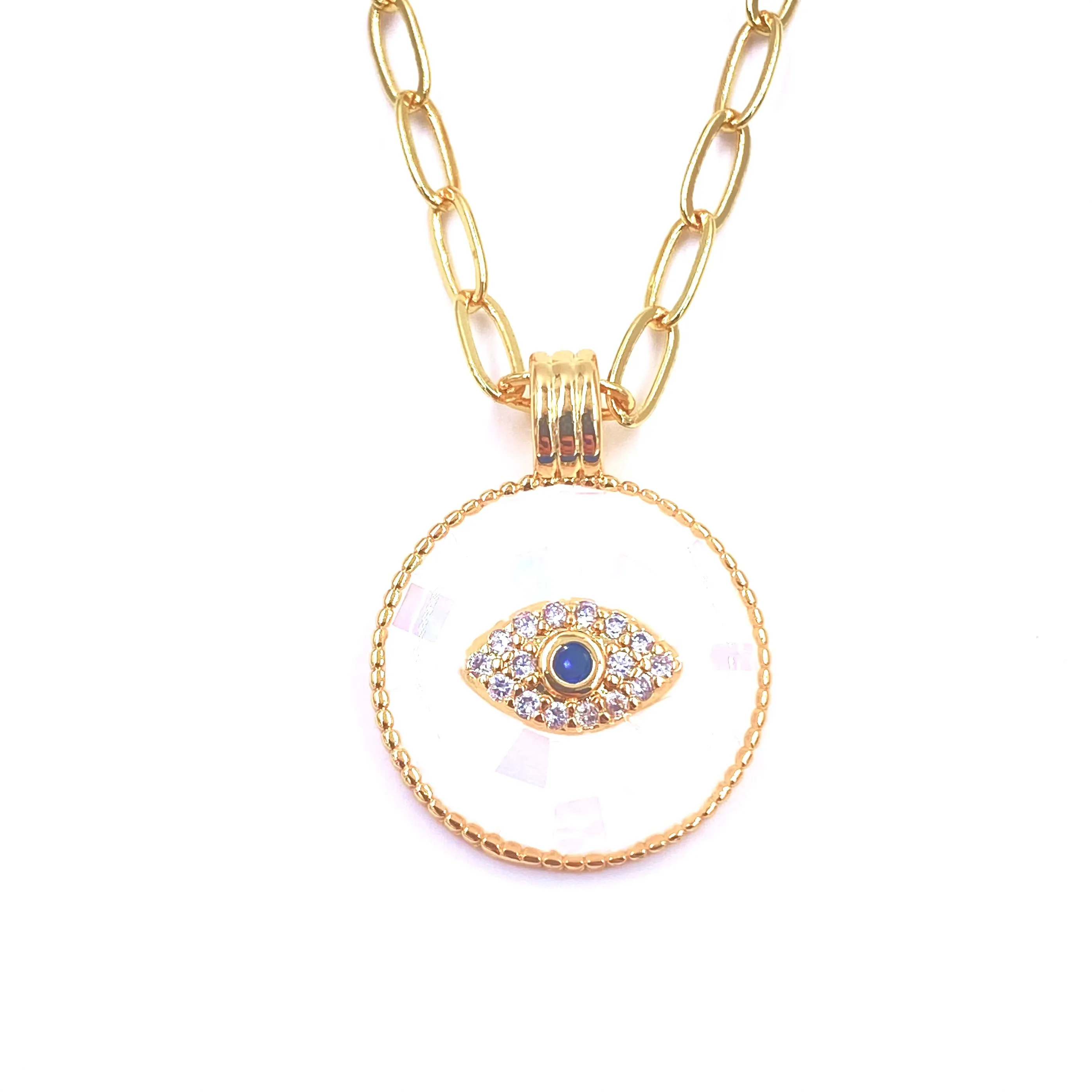 Ashley Gold Stainless Steel Gold Plated White Opal Disc Evil Eye Necklace