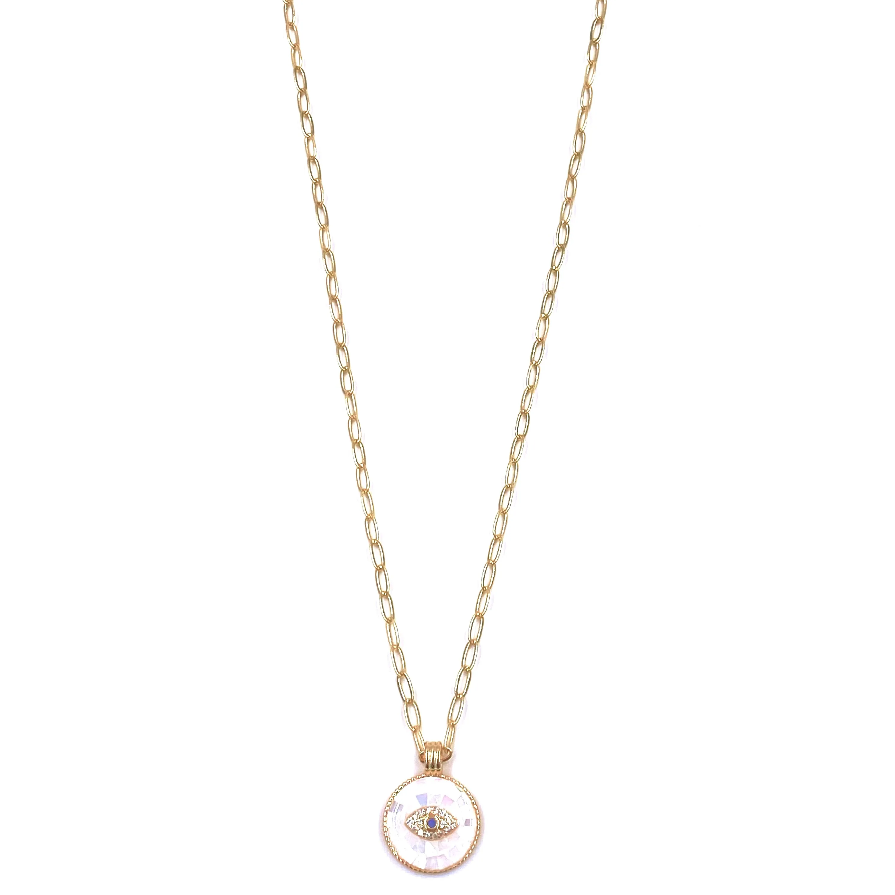 Ashley Gold Stainless Steel Gold Plated White Opal Disc Evil Eye Necklace