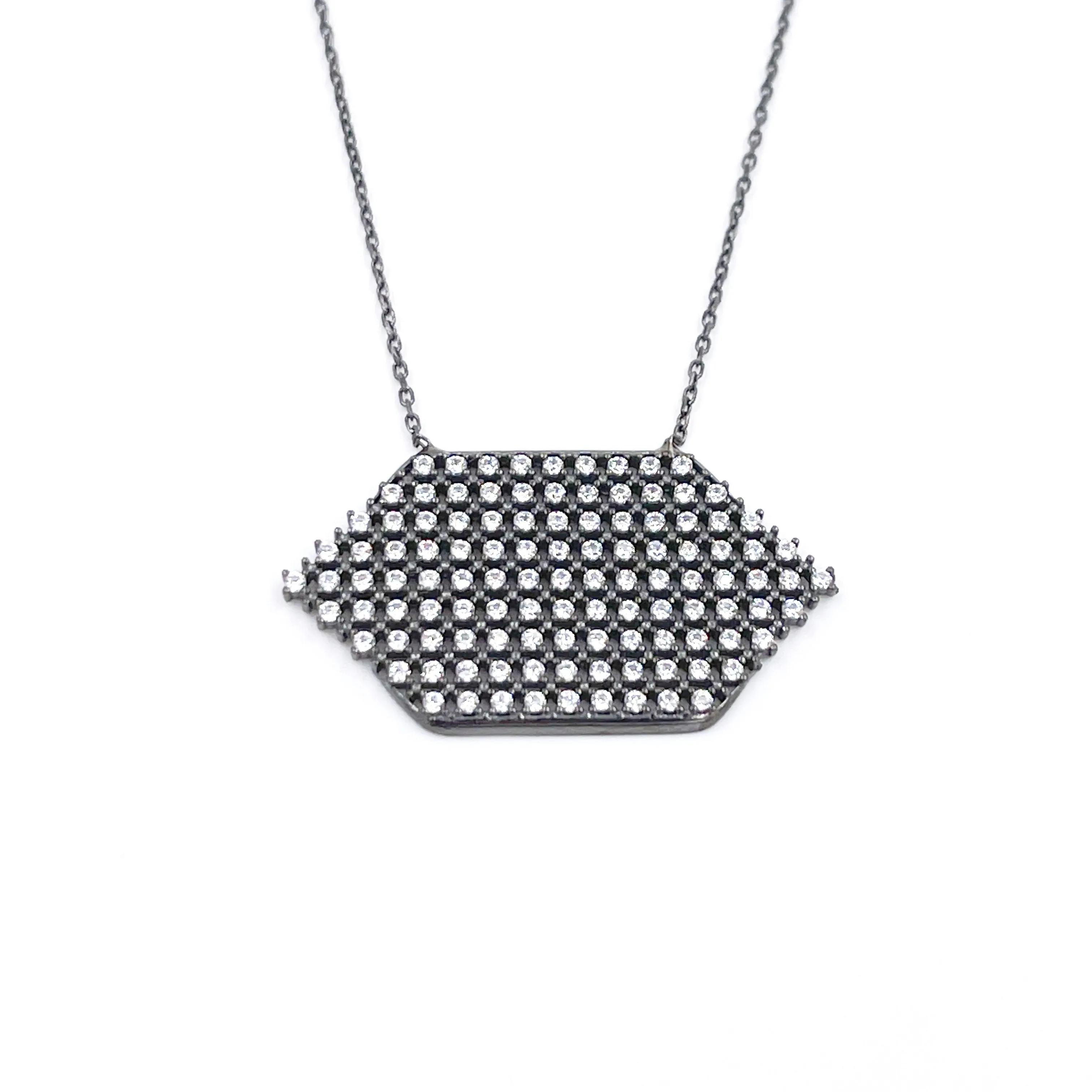 Ashley Gold Sterling Silver Oxidized Hexagon Assorted CZ Necklace