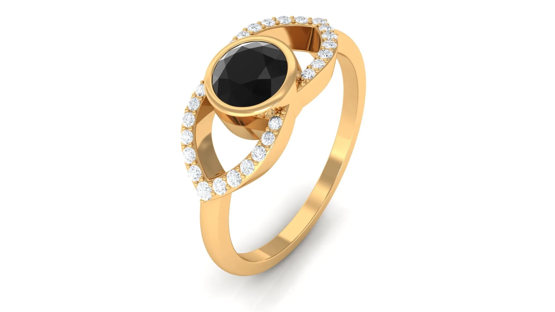 Bezel Set Solitaire Black Spinel and Diamond Ring in Split Shank