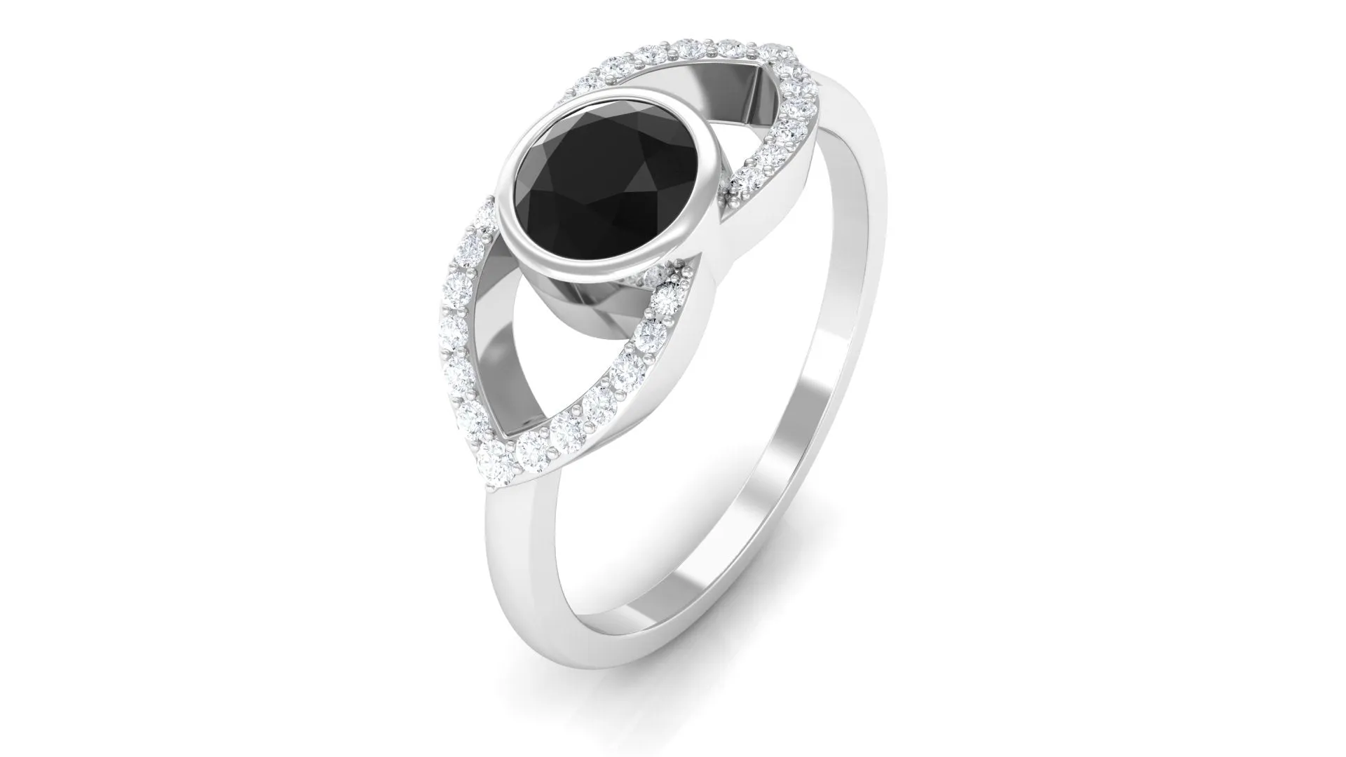 Bezel Set Solitaire Black Spinel and Diamond Ring in Split Shank