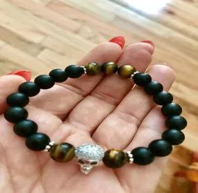 Black Onyx with Tiger Eye and Silver Skull Bracelet