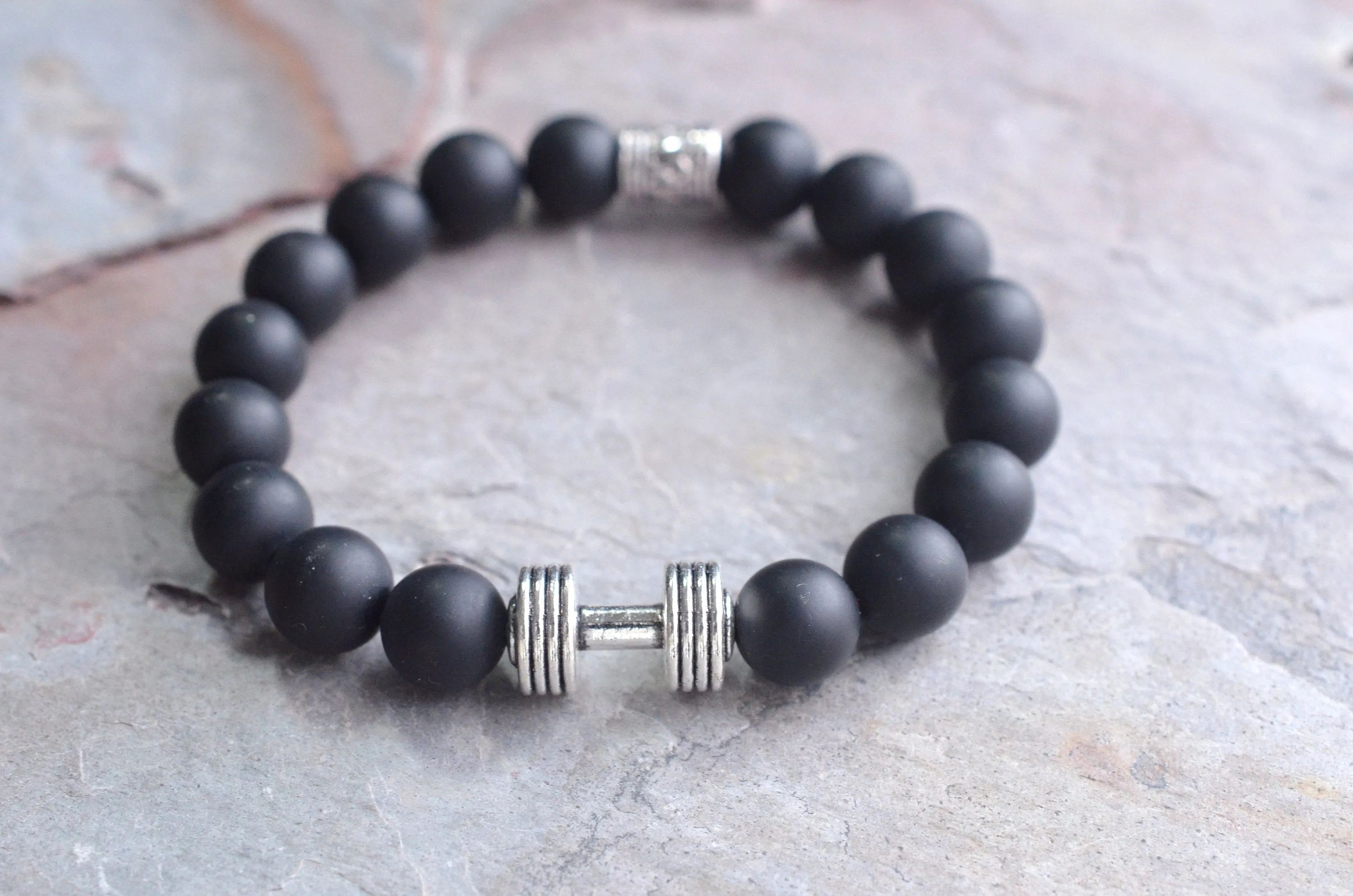 Black Stone Matte Barbell Beaded Stretch Mens Bracelet - Atlas