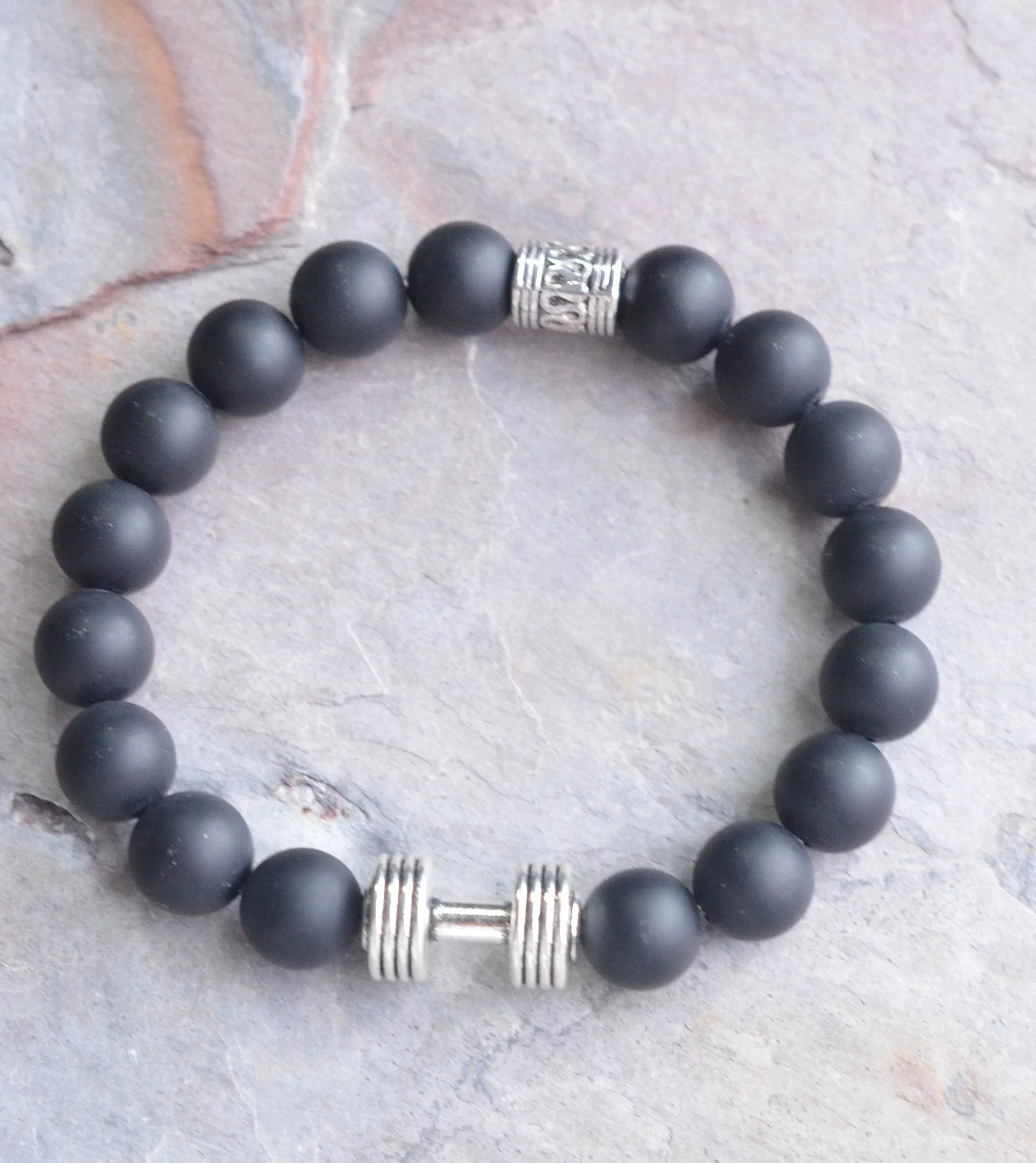 Black Stone Matte Barbell Beaded Stretch Mens Bracelet - Atlas