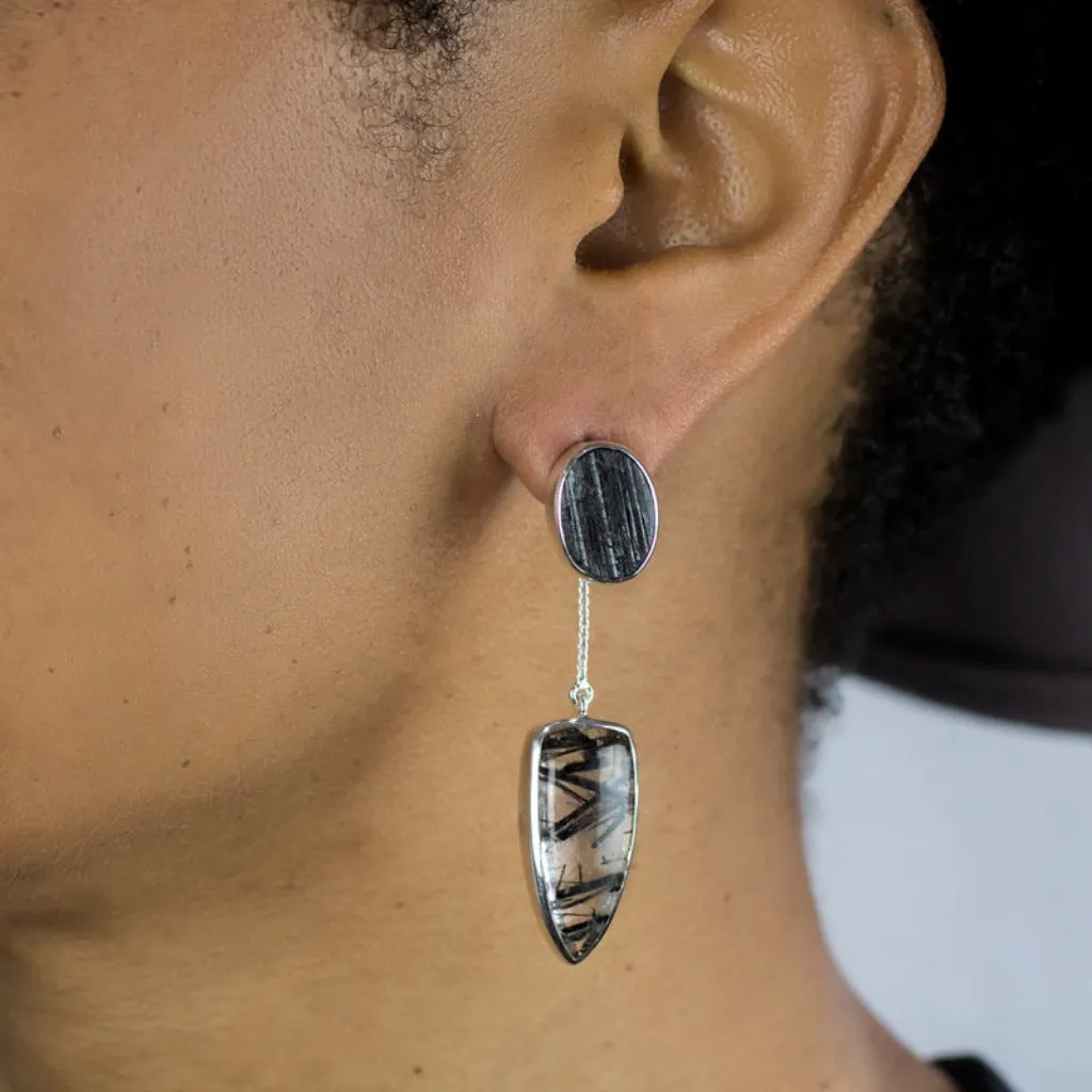 Black Tourmaline and Tourmalinated Quartz Drop Earrings