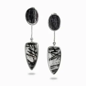 Black Tourmaline and Tourmalinated Quartz Drop Earrings