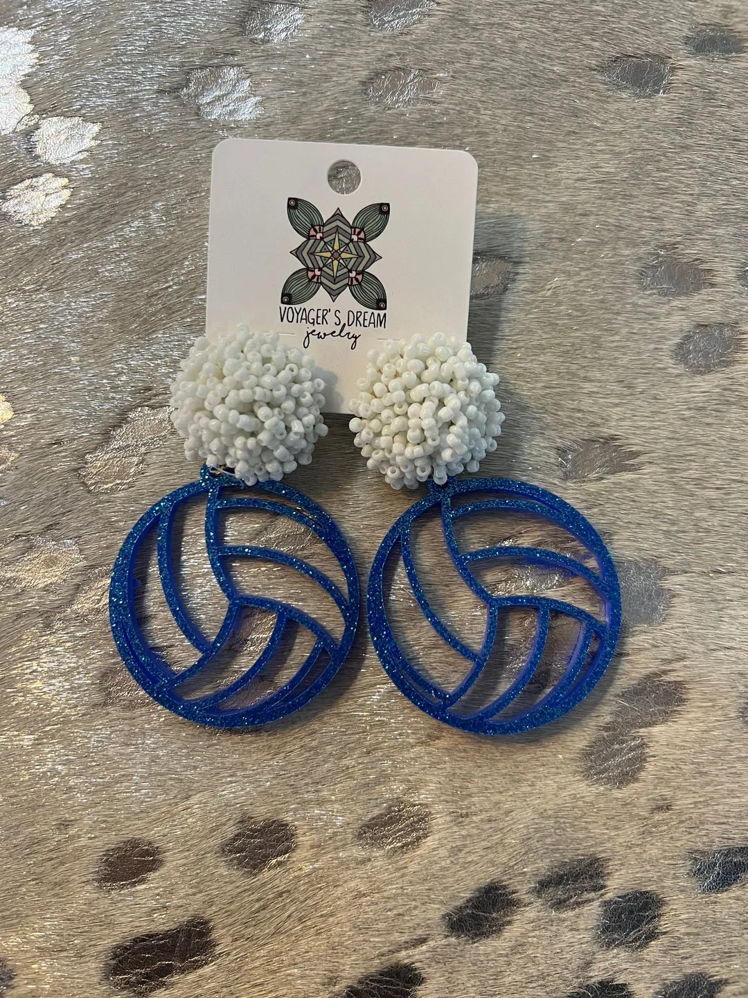 Blue Glitter, White, Volleyball Earrings