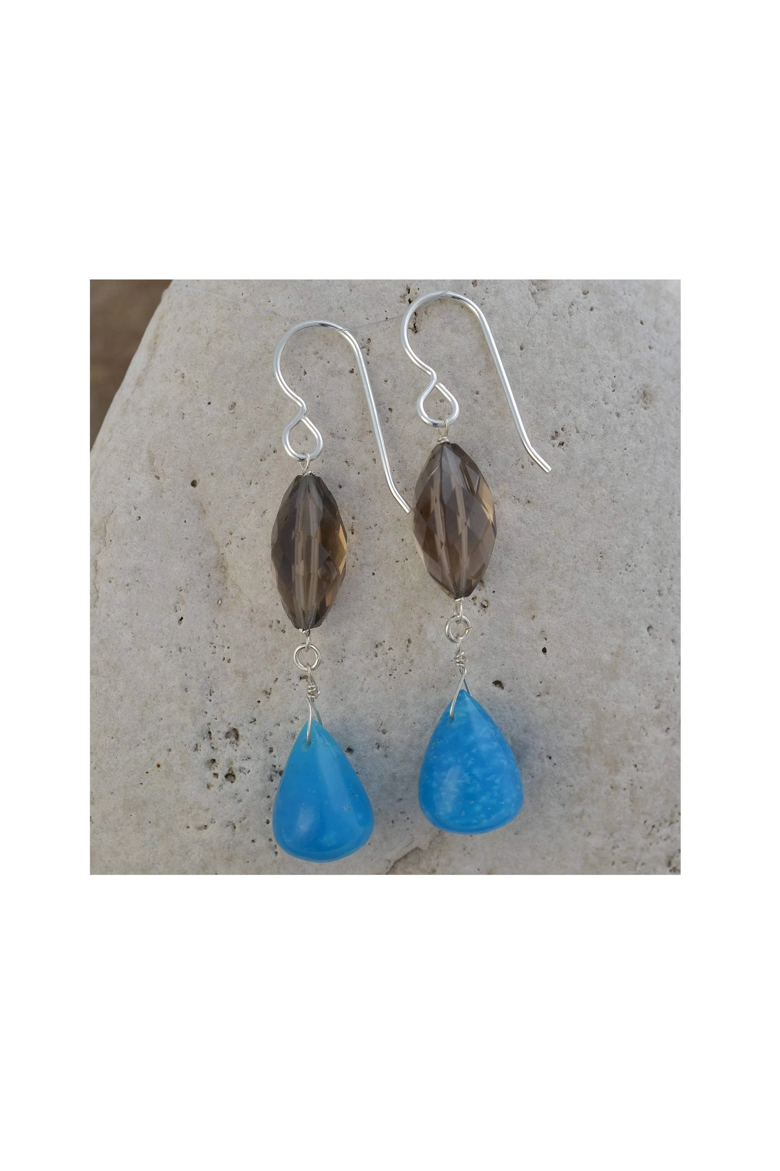 Blue Hemimorphite, Brown Smokey Quartz Long Earrings