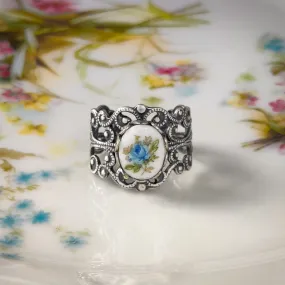 Blue Rose Cameo on Vintage Style Victorian Filigree Adjustable Ring in Silver or Brass.  Available in Pink, Blue, or Yellow