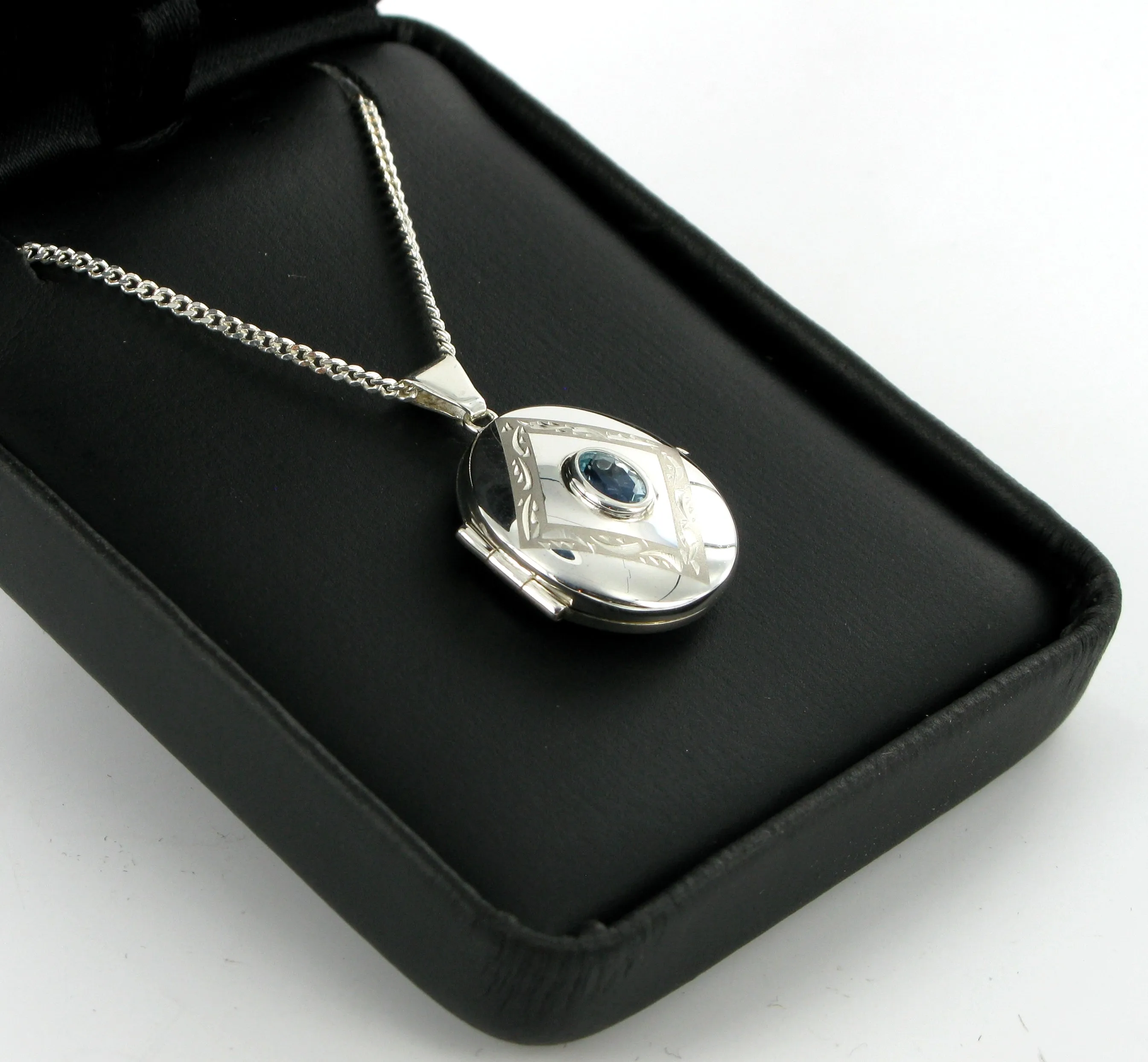 Blue Topaz Oval Locket & 18" Curb Chain