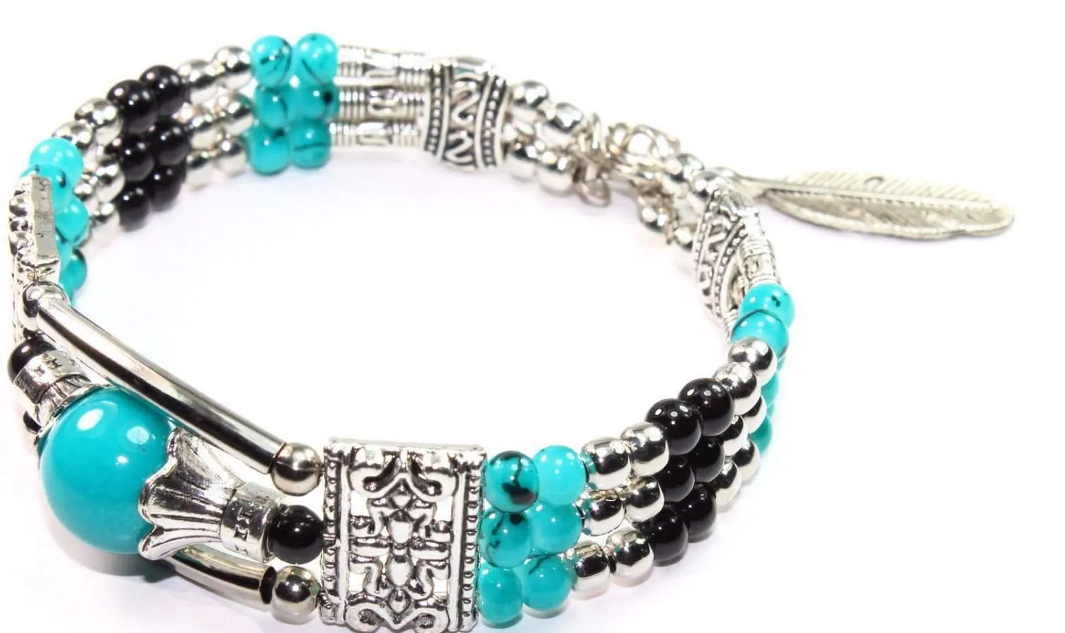 Bohemian Elegance: Feather Charm & Beaded Bracelet, Turquoise Accent Bracelet, Multi-Color Bead Bracelet