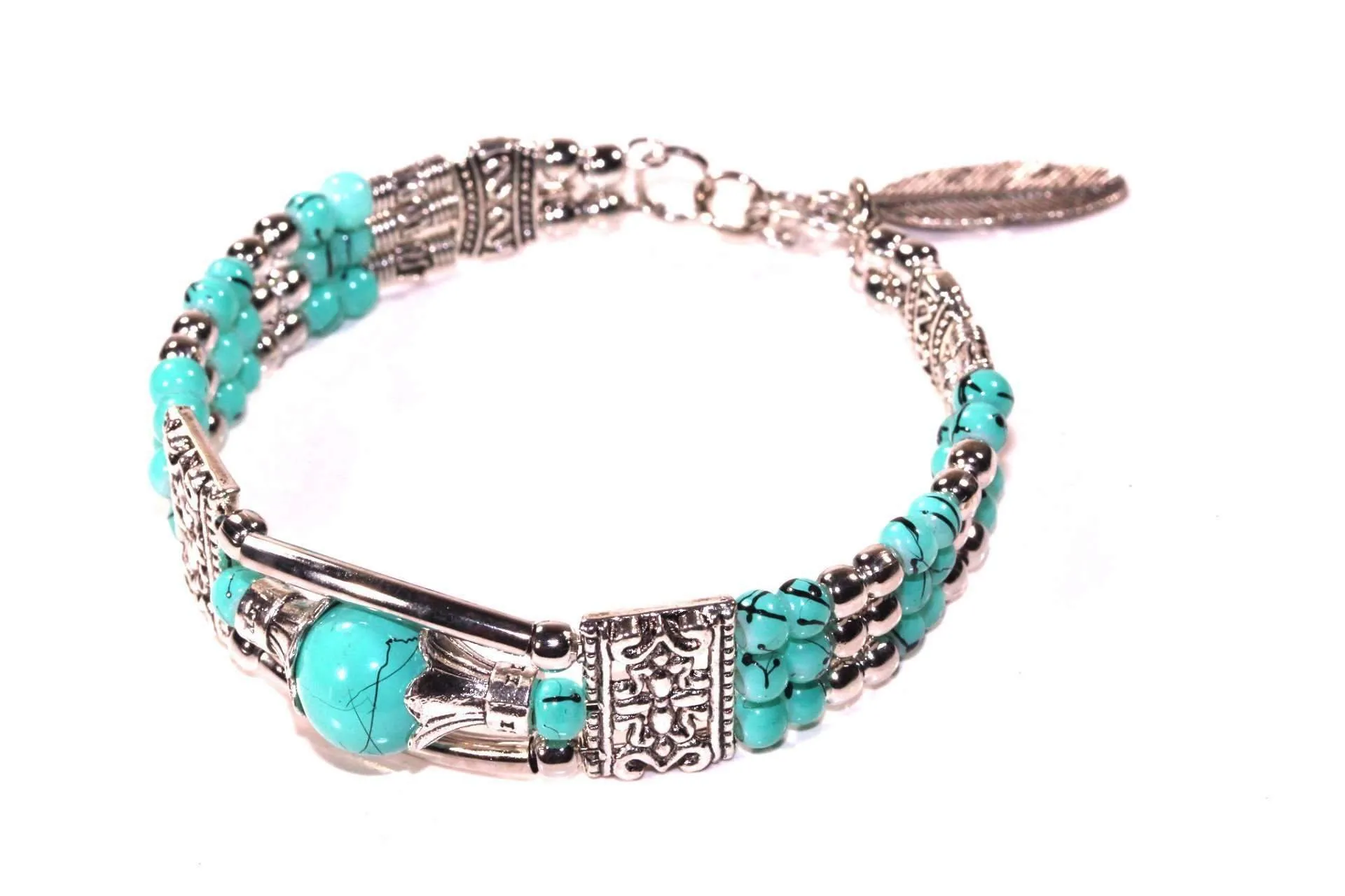 Bohemian Elegance: Feather Charm & Beaded Bracelet, Turquoise Accent Bracelet, Multi-Color Bead Bracelet