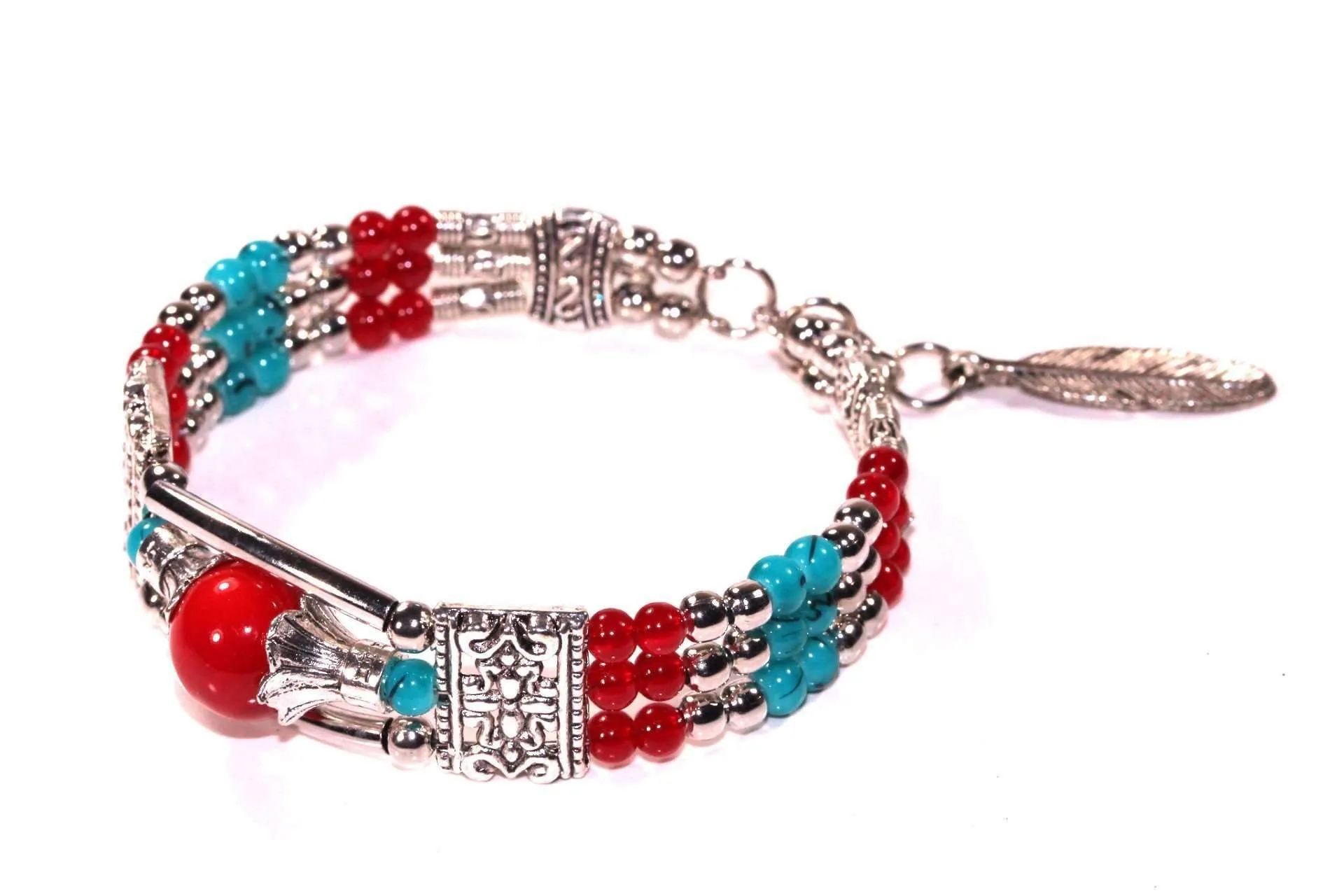 Bohemian Elegance: Feather Charm & Beaded Bracelet, Turquoise Accent Bracelet, Multi-Color Bead Bracelet