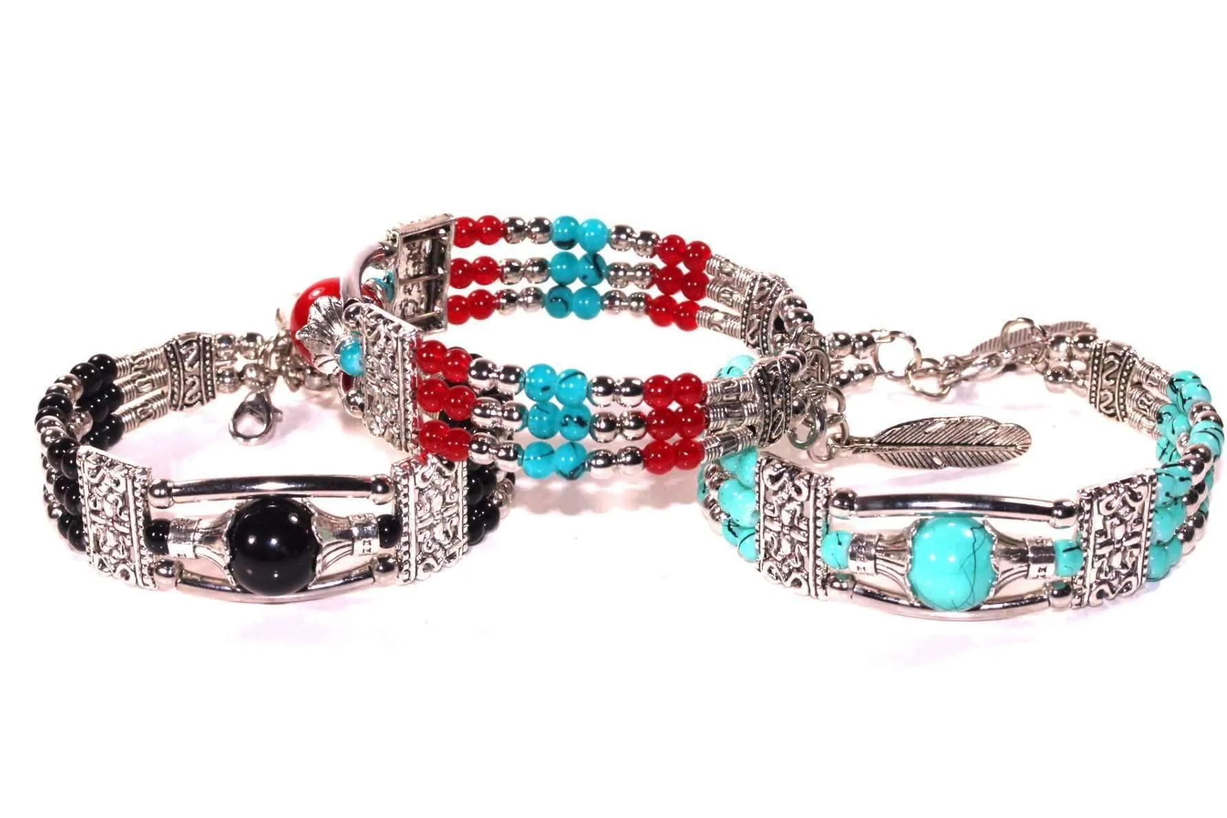 Bohemian Elegance: Feather Charm & Beaded Bracelet, Turquoise Accent Bracelet, Multi-Color Bead Bracelet