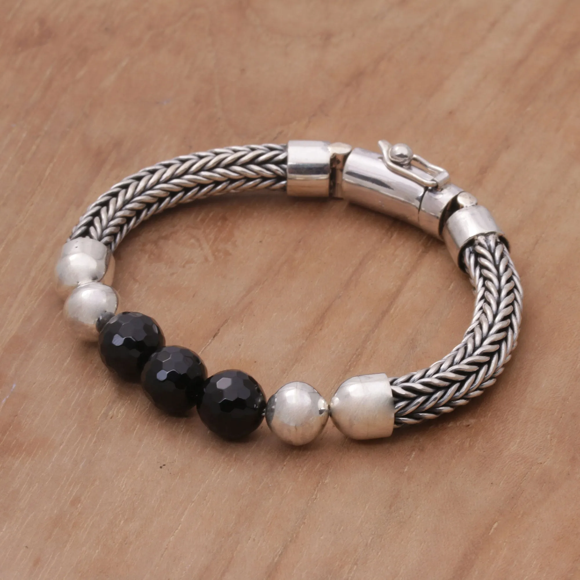 Bold Elegance Onyx and Sterling Silver Beaded Chain Bracelet from Bali