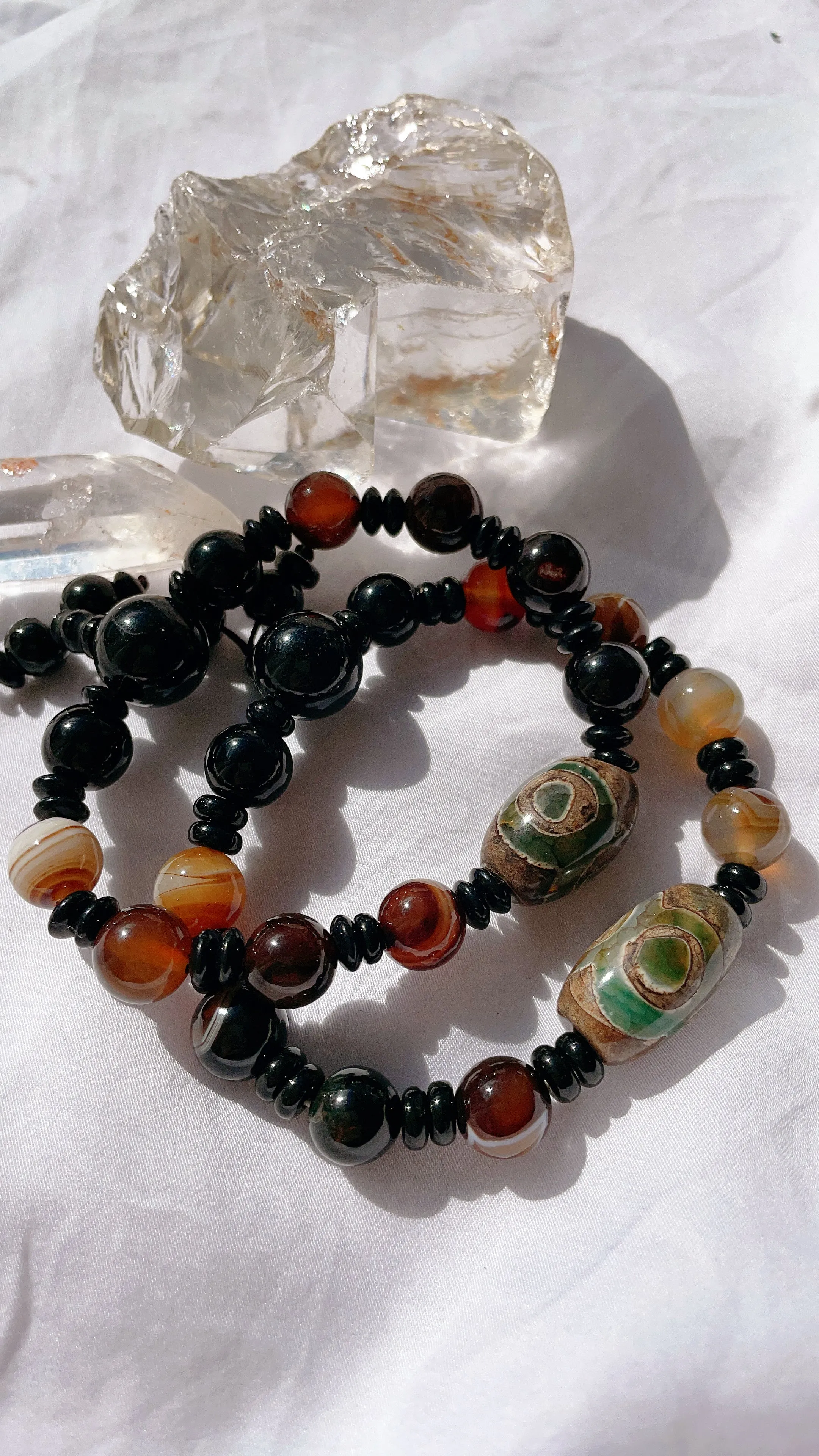 Botswana agate and black onyx with Tibetan Dzi Bracelet