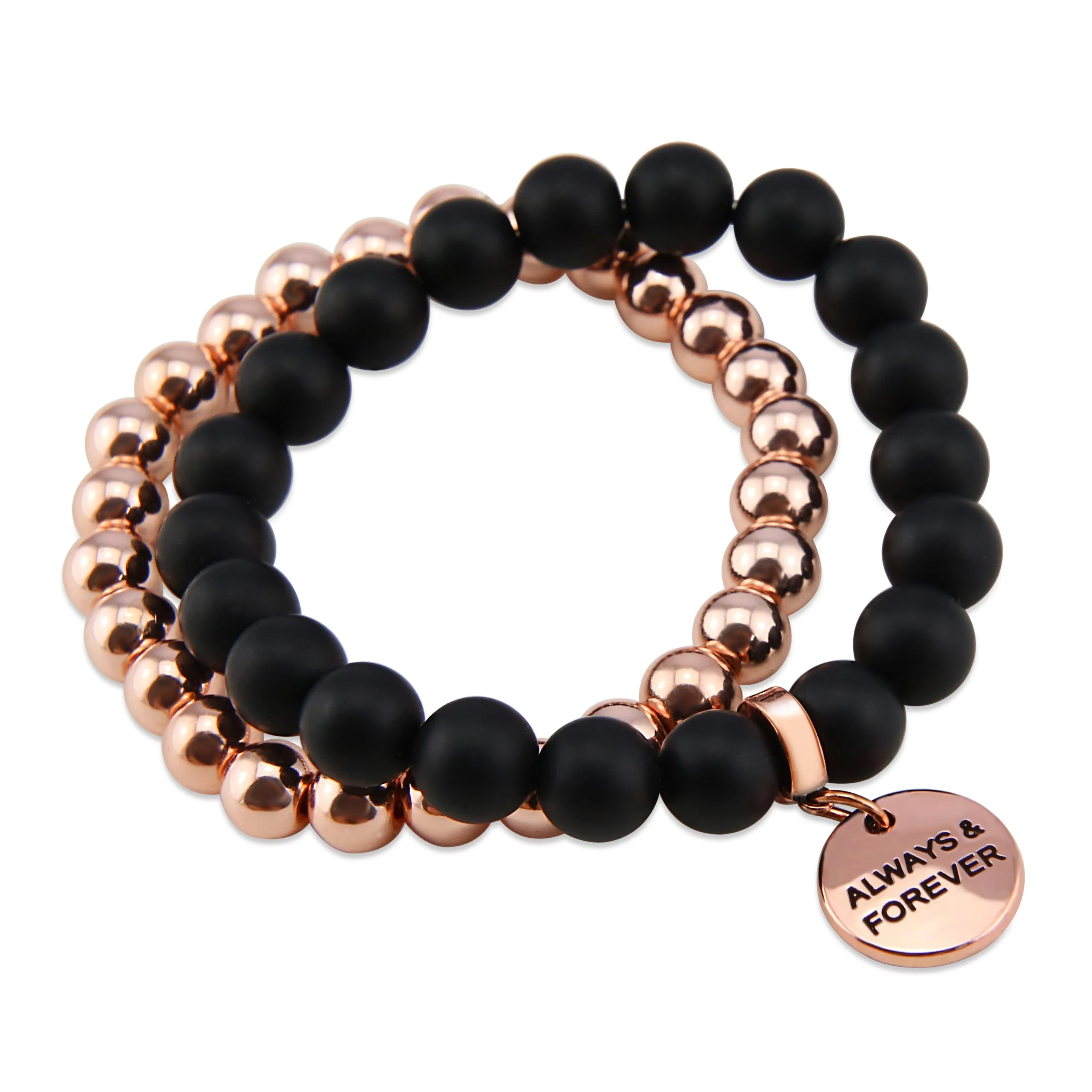 Bracelet Duo! Rose Gold & Matt Black Onyx bead bracelet stacker set - ALWAYS & FOREVER (12043)