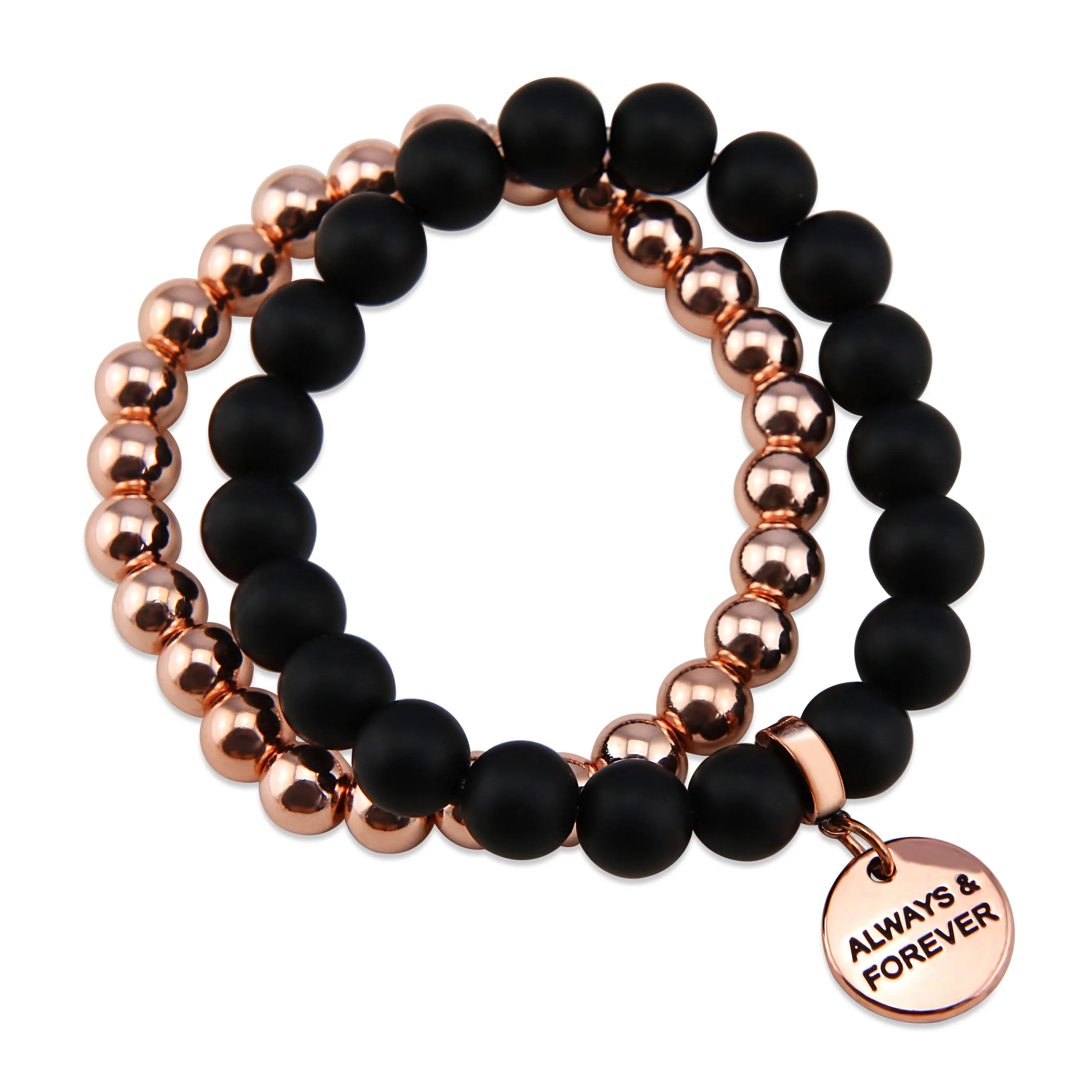 Bracelet Duo! Rose Gold & Matt Black Onyx bead bracelet stacker set - ALWAYS & FOREVER (12043)