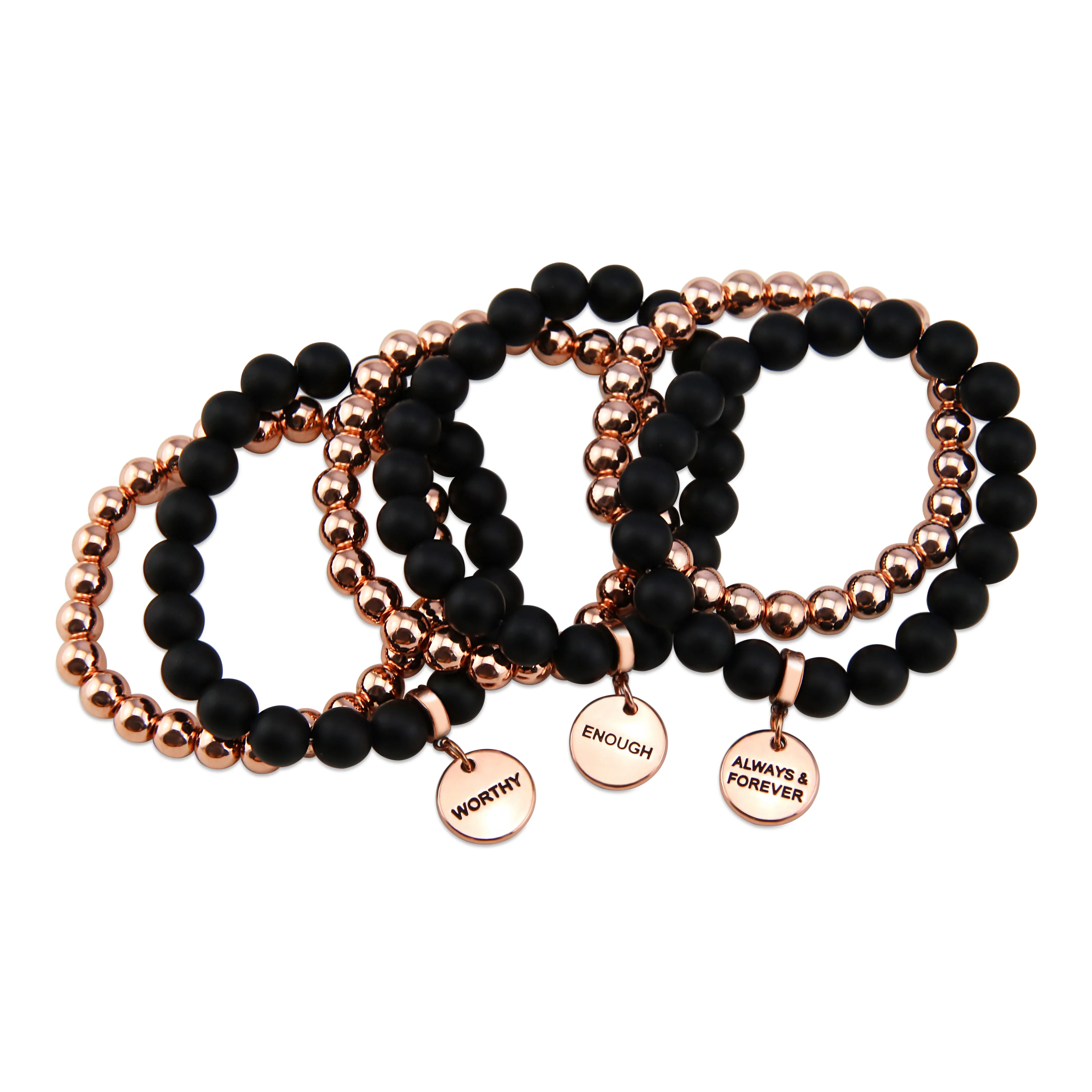 Bracelet Duo! Rose Gold & Matt Black Onyx bead bracelet stacker set - ALWAYS & FOREVER (12043)