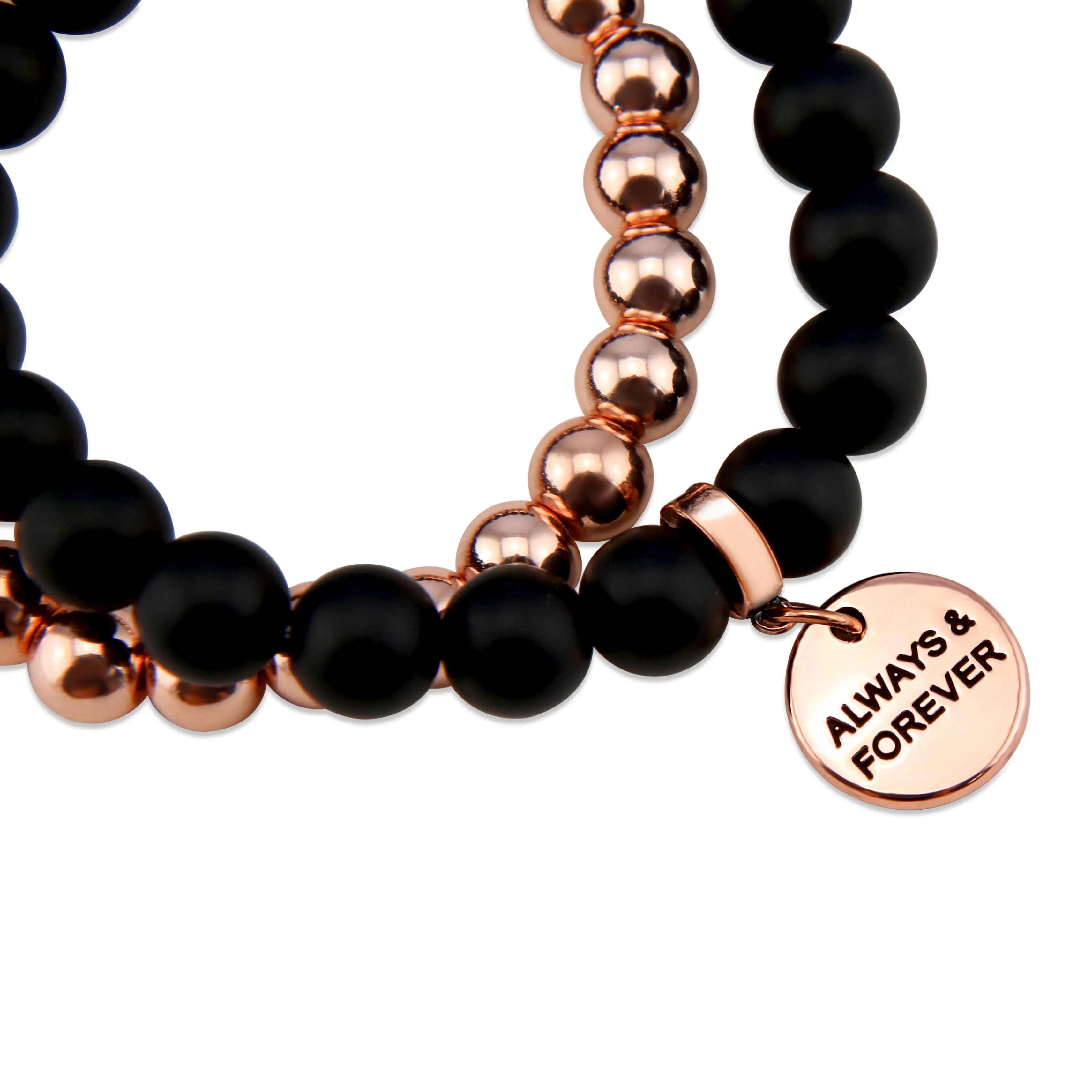 Bracelet Duo! Rose Gold & Matt Black Onyx bead bracelet stacker set - ALWAYS & FOREVER (12043)