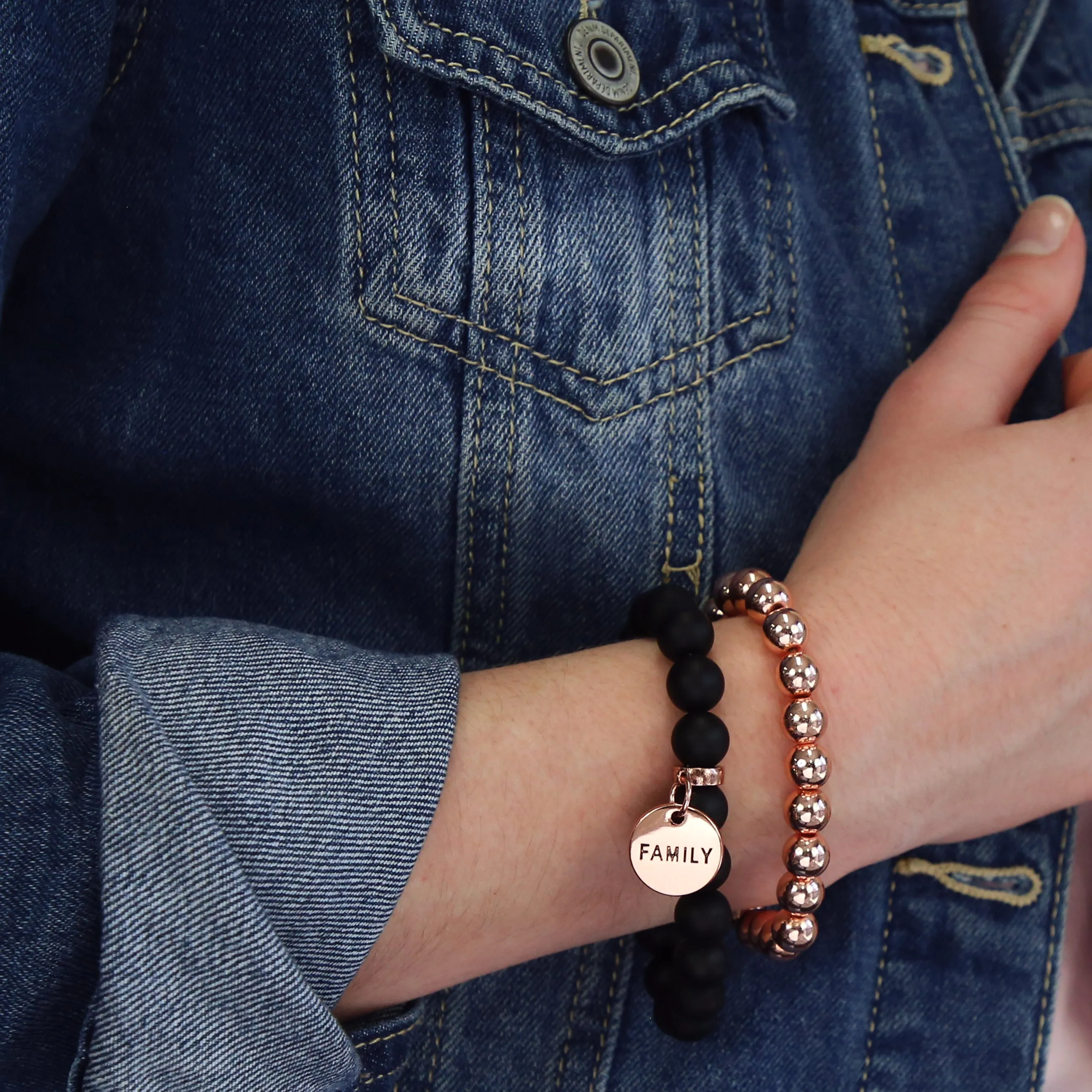 Bracelet Duo! Rose Gold & Matt Black Onyx bead bracelet stacker set - FAMILY (12033)