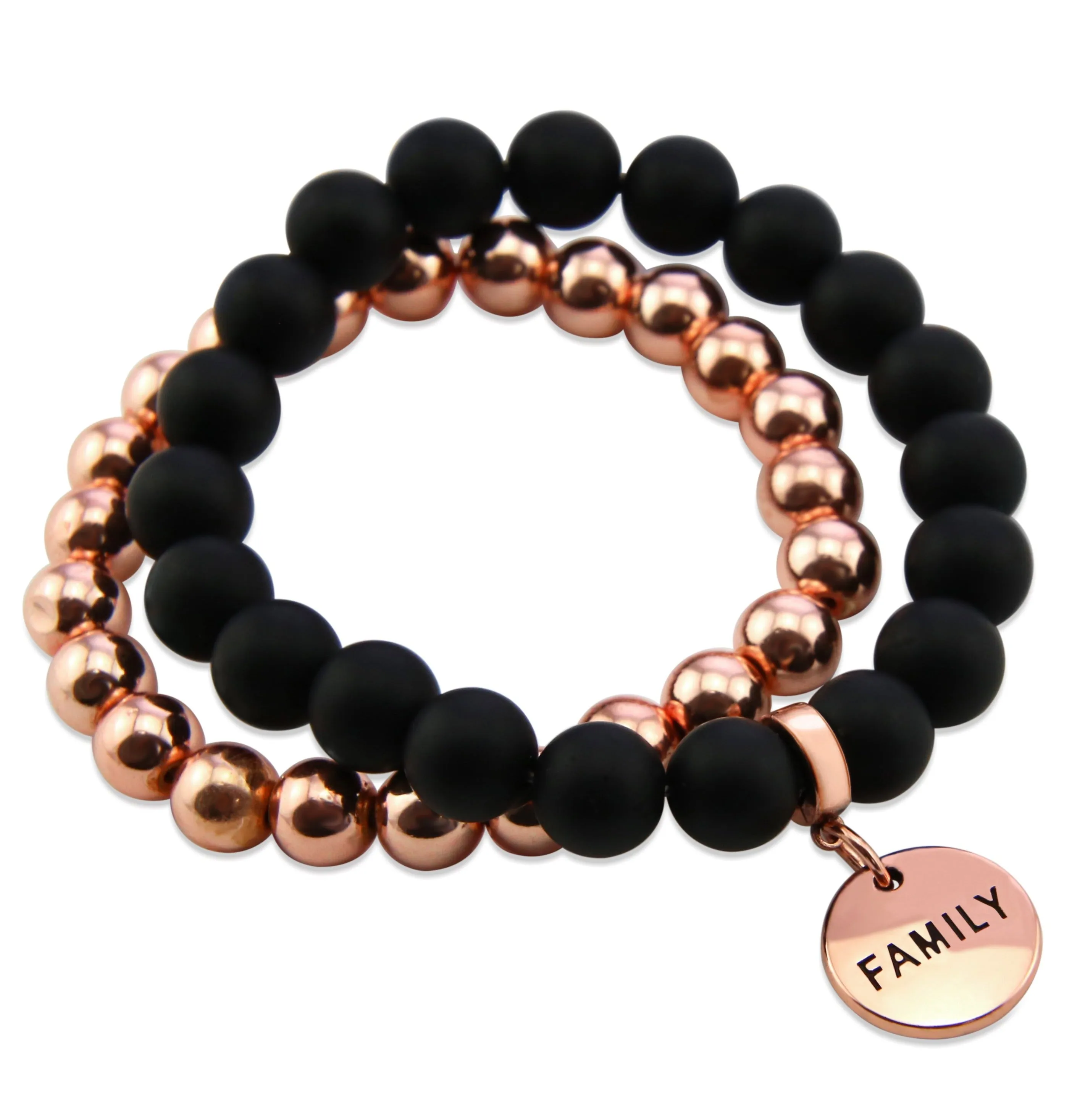 Bracelet Duo! Rose Gold & Matt Black Onyx bead bracelet stacker set - FAMILY (12033)