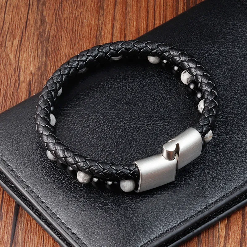 Braided Leather Natural Stone Onyx Map Beading Bracelet