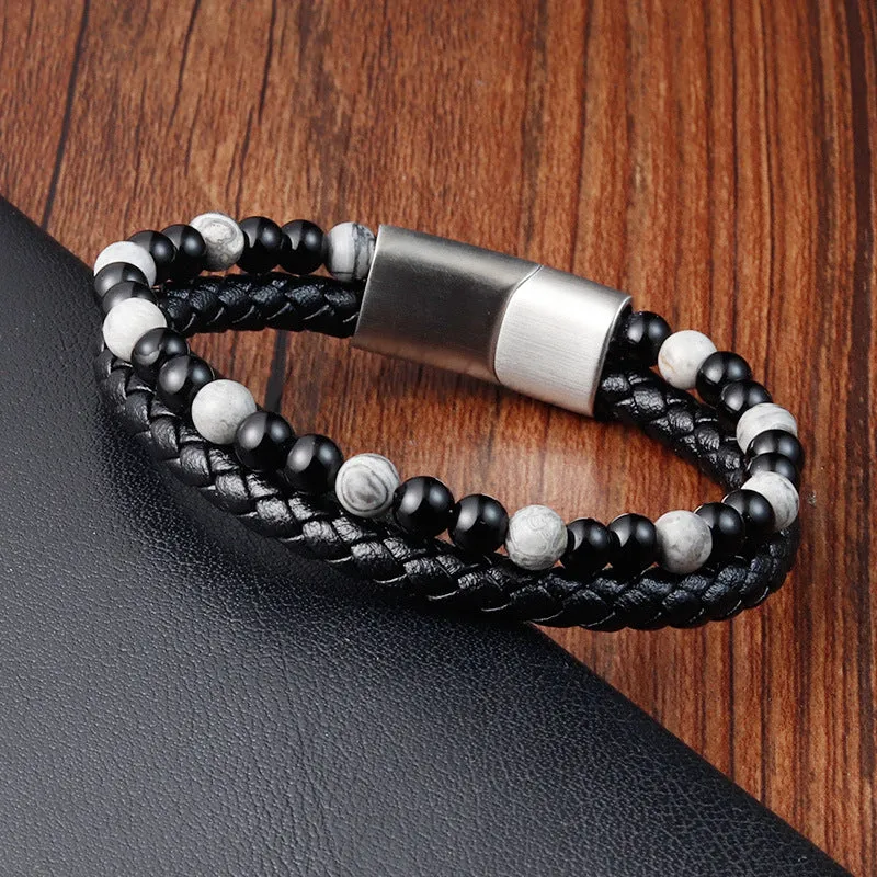 Braided Leather Natural Stone Onyx Map Beading Bracelet