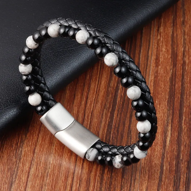 Braided Leather Natural Stone Onyx Map Beading Bracelet