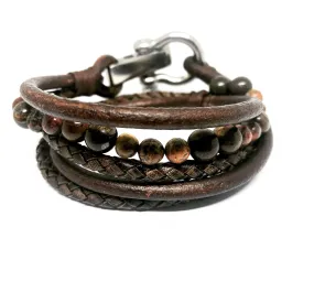 Brown Leather and Mixed Gemstone Wrap Bracelet