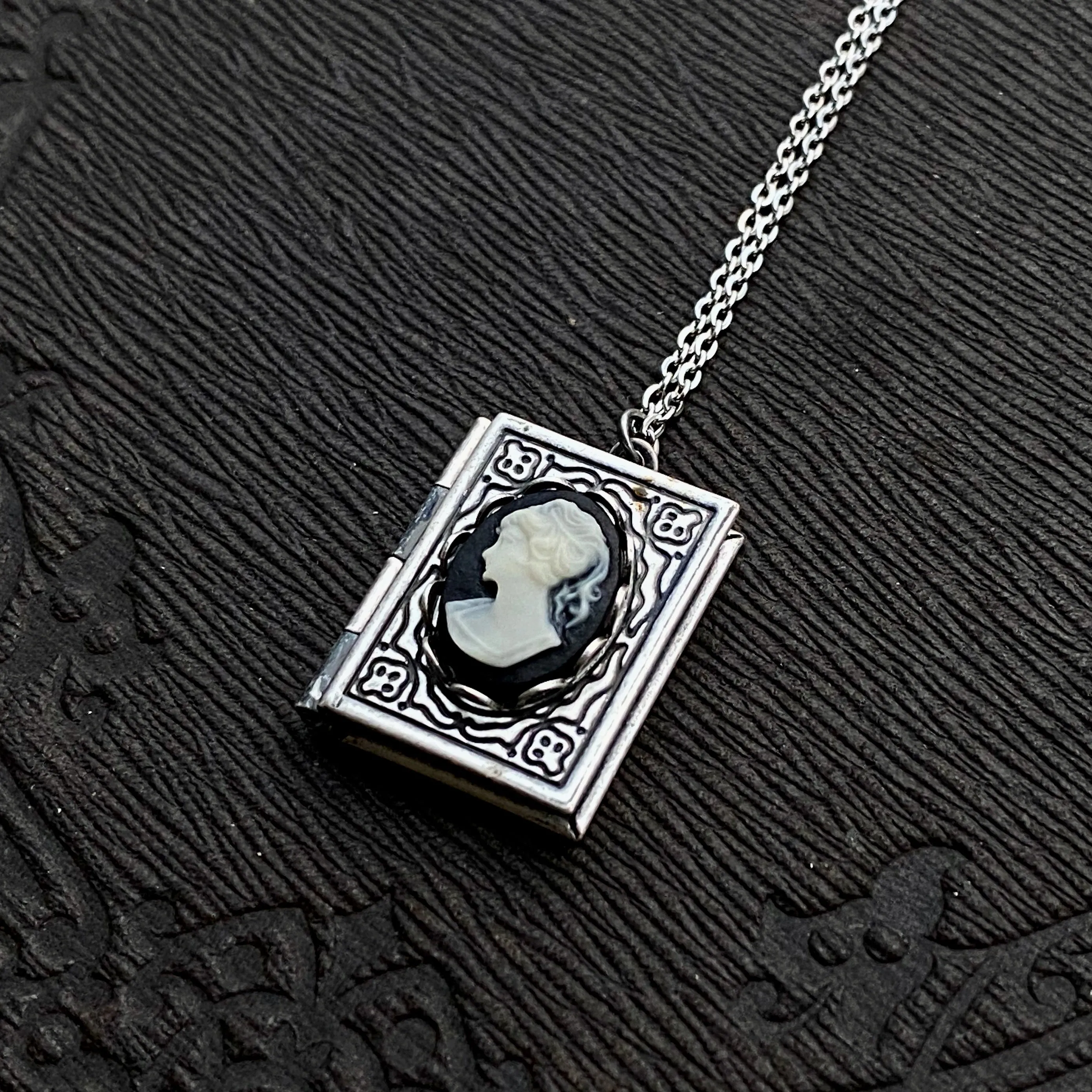 Cameo Book Locket in Antique Silver - Womens Profile