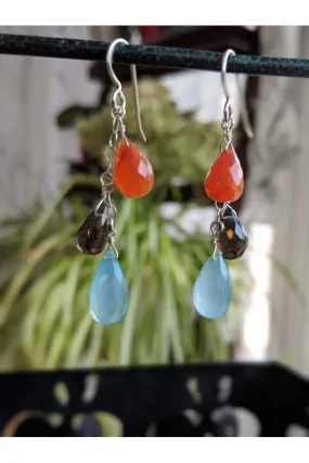 Chalcedony, Orange Carnelian, Smokey Quartz Colorful Earrings