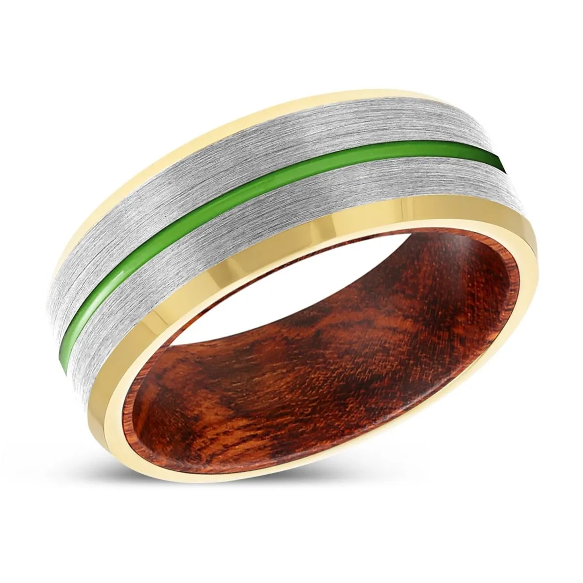 CIPHER | Snake Wood, Silver Tungsten Ring, Green Groove, Gold Beveled Edge